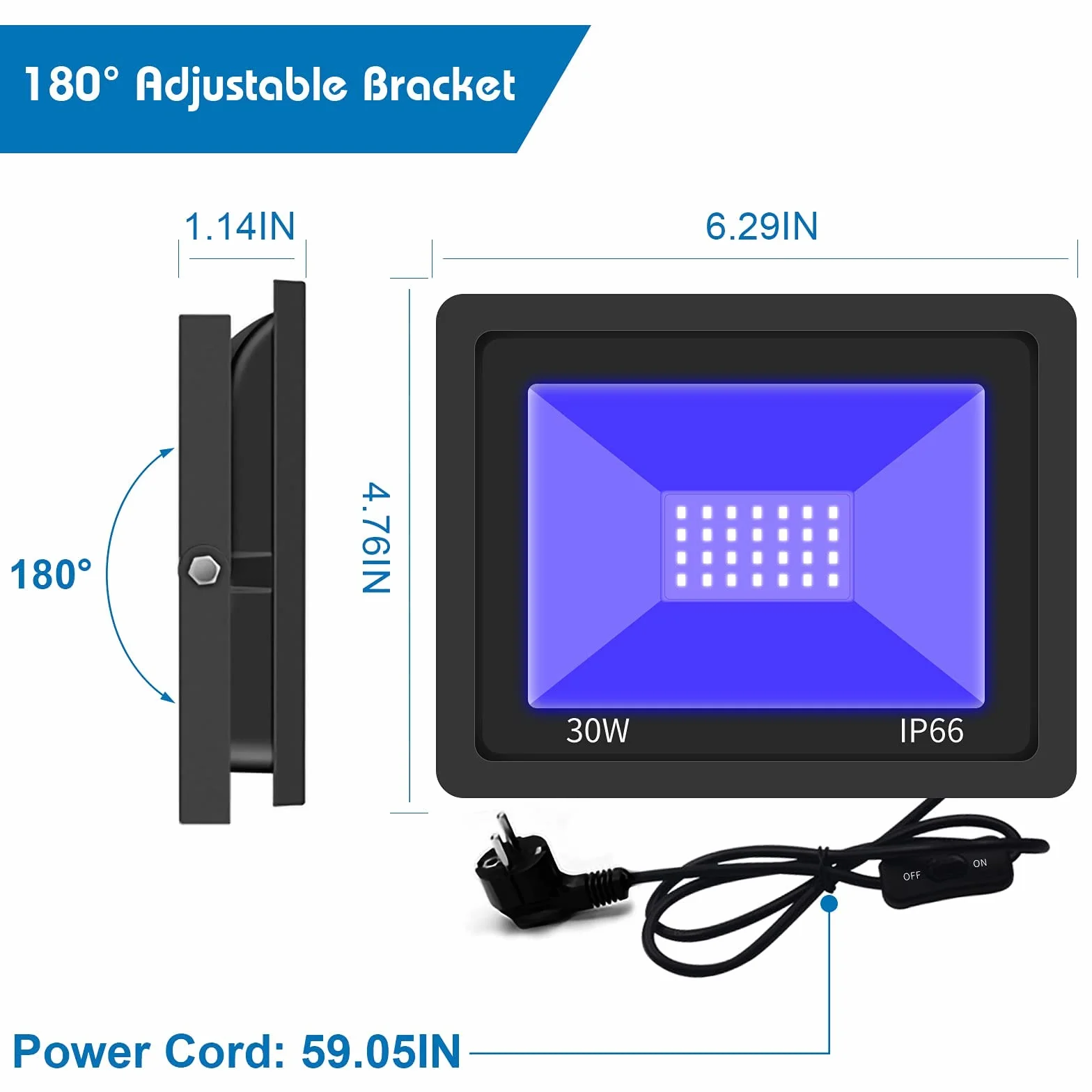 Eleganted 30W LED UV Strahler 365nm UV Fluter, Wasserdicht IP66 UV Strahler Ultraviolett Lichteffekt mit ON/OFF Schalter für Party,DJ,Bühne,Körperfarbe,Halloween Beleuchtung