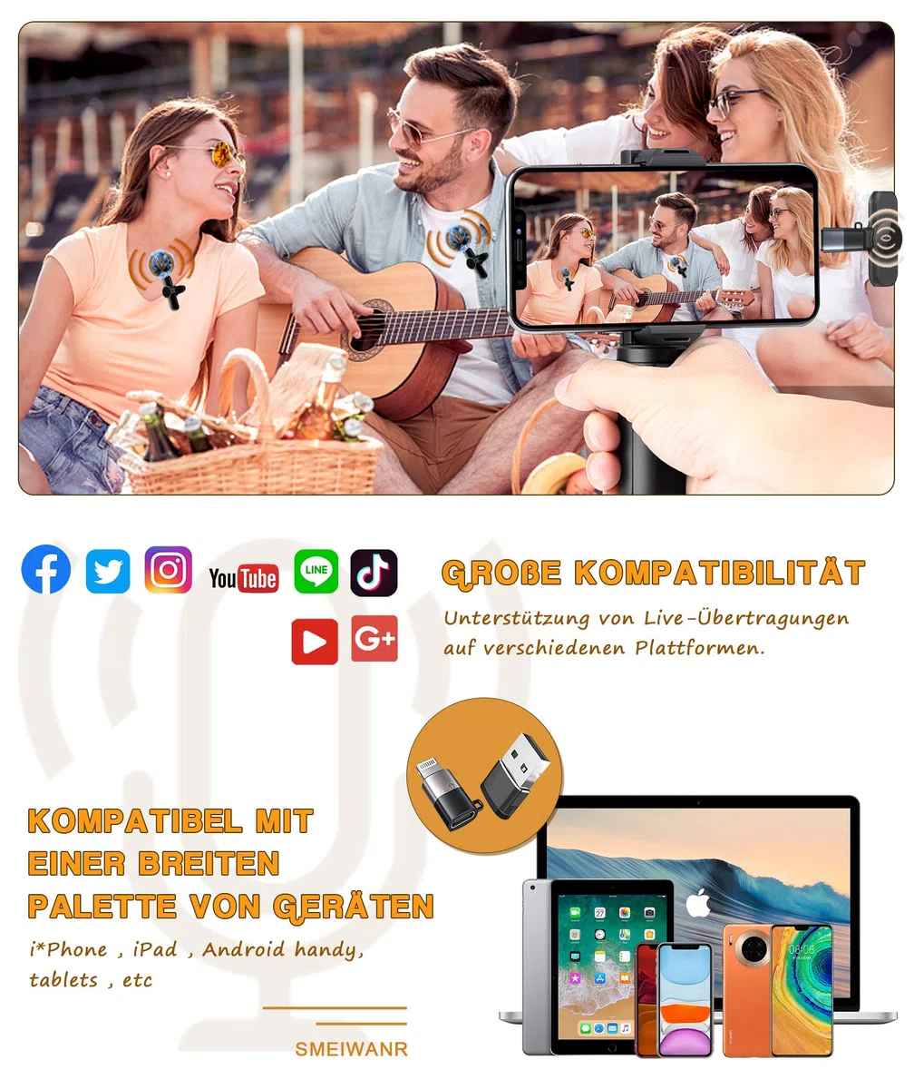 Lavalier Mikrofon Kabellos, Plug and Play Kabellos USB C Mikrofone für i-Phone iPad Android, Lavalier Mikrofone Wireless für Live-Streaming Video-Aufnahme