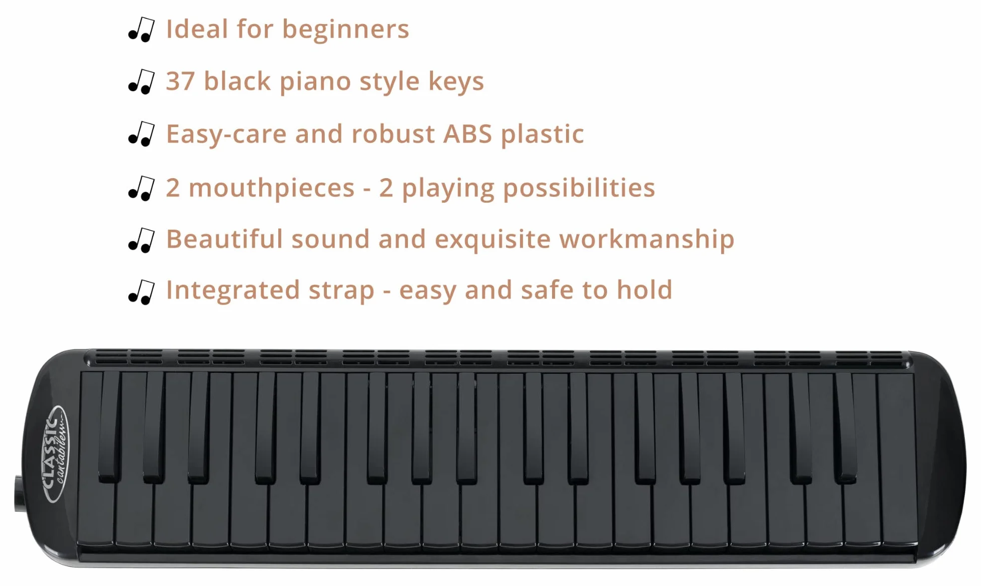 Classic Cantabile PML-37 BK Melodica - Blasharmonika mit 37 schwarzen Tasten - Tonumfang: f - f³ - Mit Etui, Mundstück und Anblasschlauch - Schwarz
