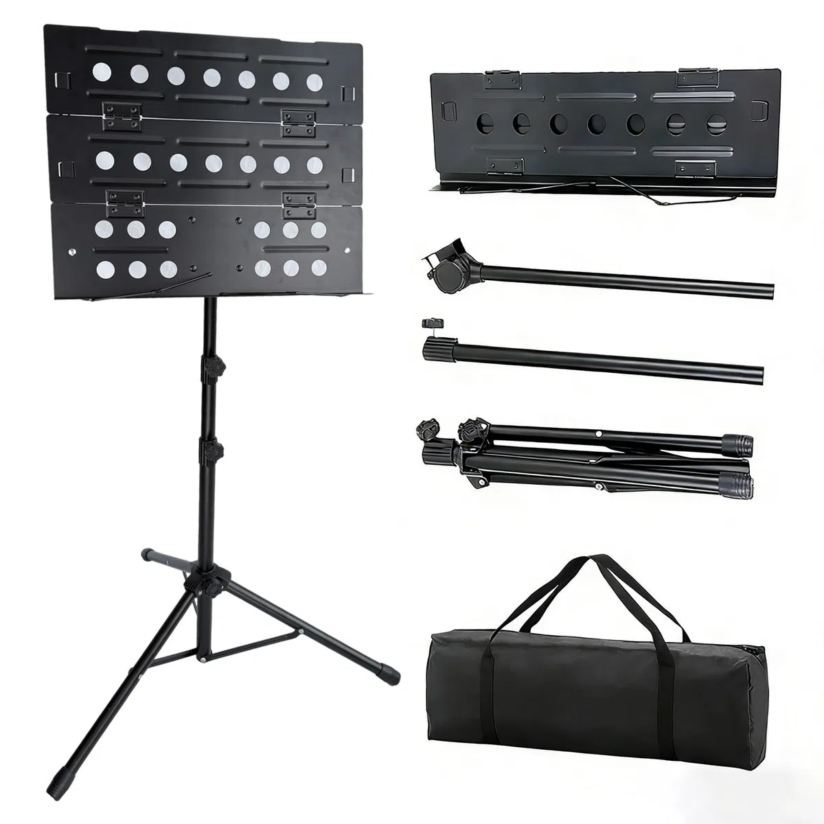 Notenständer – Professioneller Notenständer Klappbar Stabil Aus Metall Mit Perforierter Notenablage, Music Stand Höhenverstellbar Und Faltbar, Inkl. Tragetasche, Ideal Für Bandauftritte Und Proben