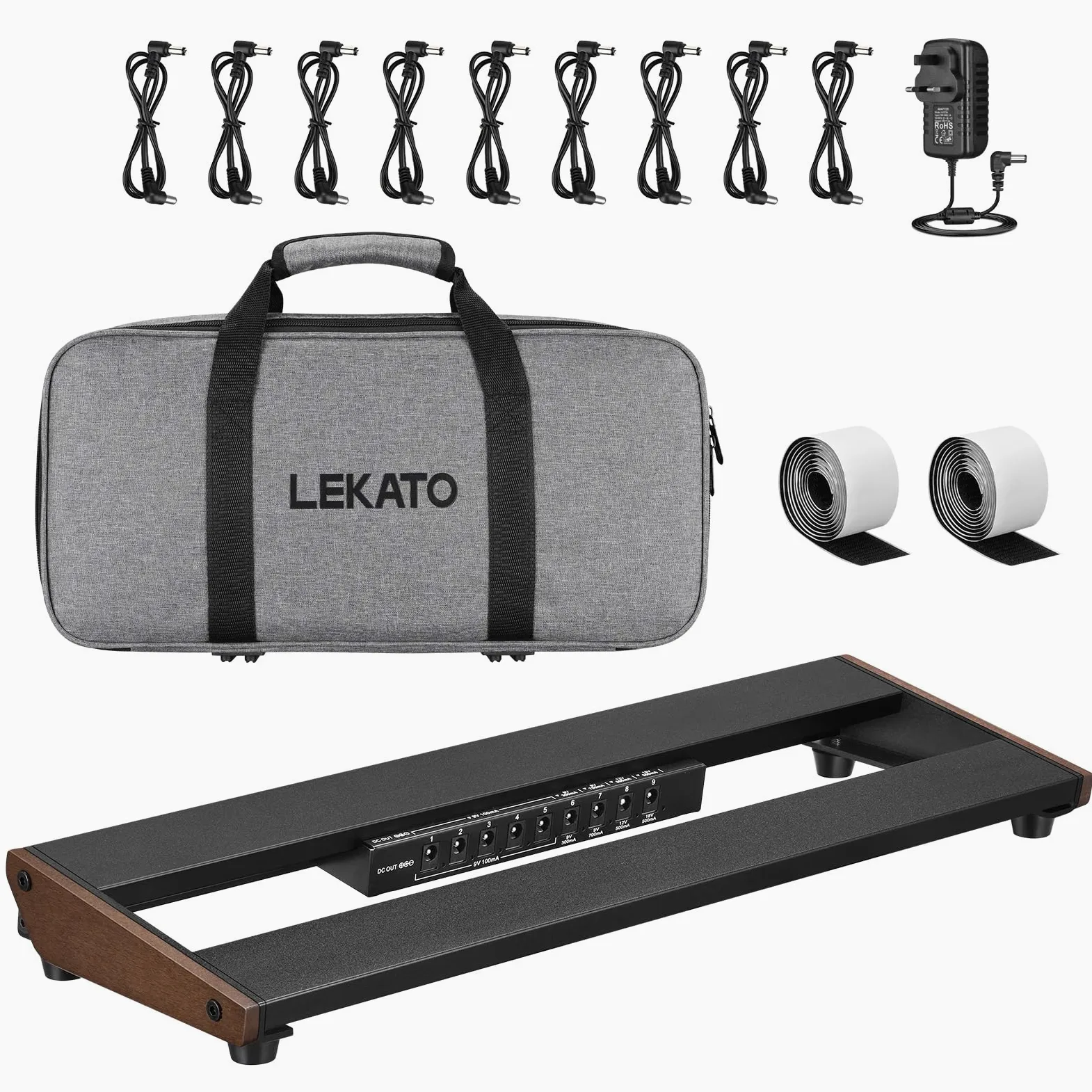 LEKATO Gitarren-Pedalboard mit integriertem Netzteil, 39,4 x 13 x 4 cm Kompaktes Effektpedalboard, Leichter Aluminiumrahmen, für Gitarristen und Bassisten (PB-01S)