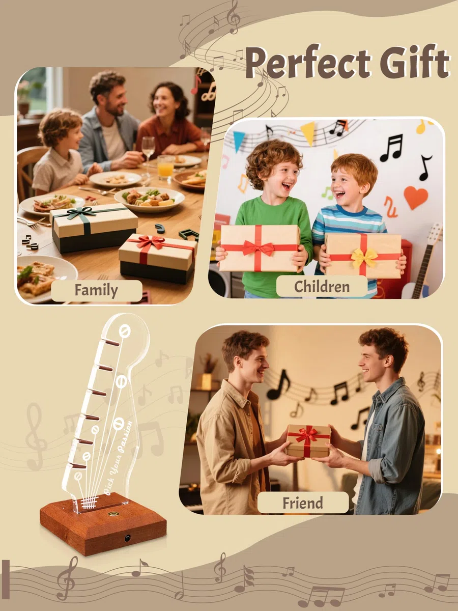 CoolGift Mart Leuchtender Gitarren-Pick-Halter,Acryl hölzerne E-Gitarre Headstock Shaped Pick Holder mit 16 Farbe Lichter für Picks Lagerung und Anzeige, Geschenk für Gitarristen