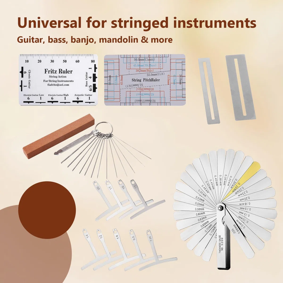 Gitarren Werkzeug Set Messwerkzeug für Die Gitarre Gitarren Tool Set Enthält Kunststofflineal Silbernen Pads Spaltlehre Roten Wetzstein Feile Und 9 T Winkel Geeignet für Bass Banjo Usw