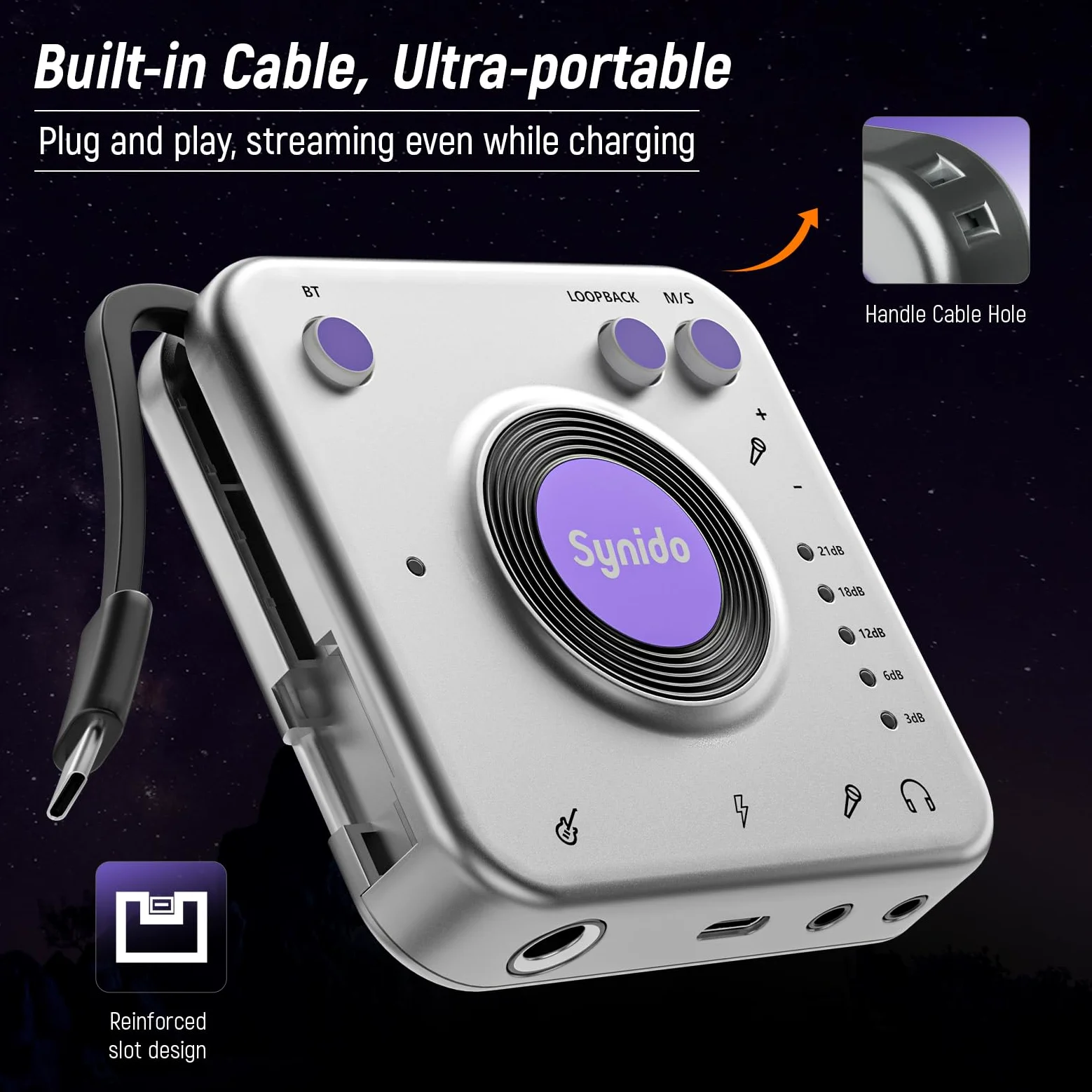 Synido Audio-Interface zum Aufnehmen von Musik mit Instrumenten-Verstärkungssteuerung, 24 Bit/96 kHz, tragbare HiFi-Audio-Schnittstelle, kommt mit USB-C, leichter Audioadapter für
