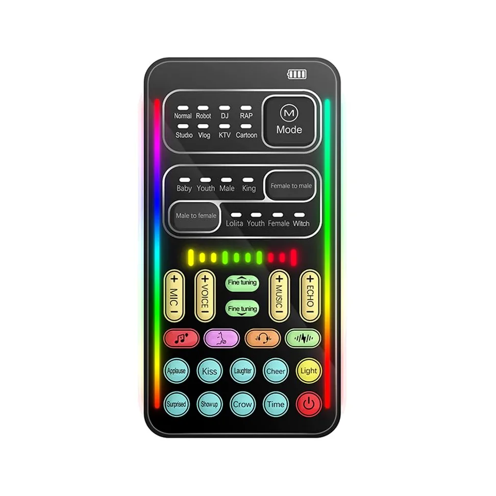 Soundeffektmaschine Stimmenverzerrer, tragbares Stimmenverzerrergerät mit 8 Soundeffekten, buntem Licht, Mini-Liveübertragung, Handmikrofon, Soundeffektmaschine für Telefon, Laptops, Computersp