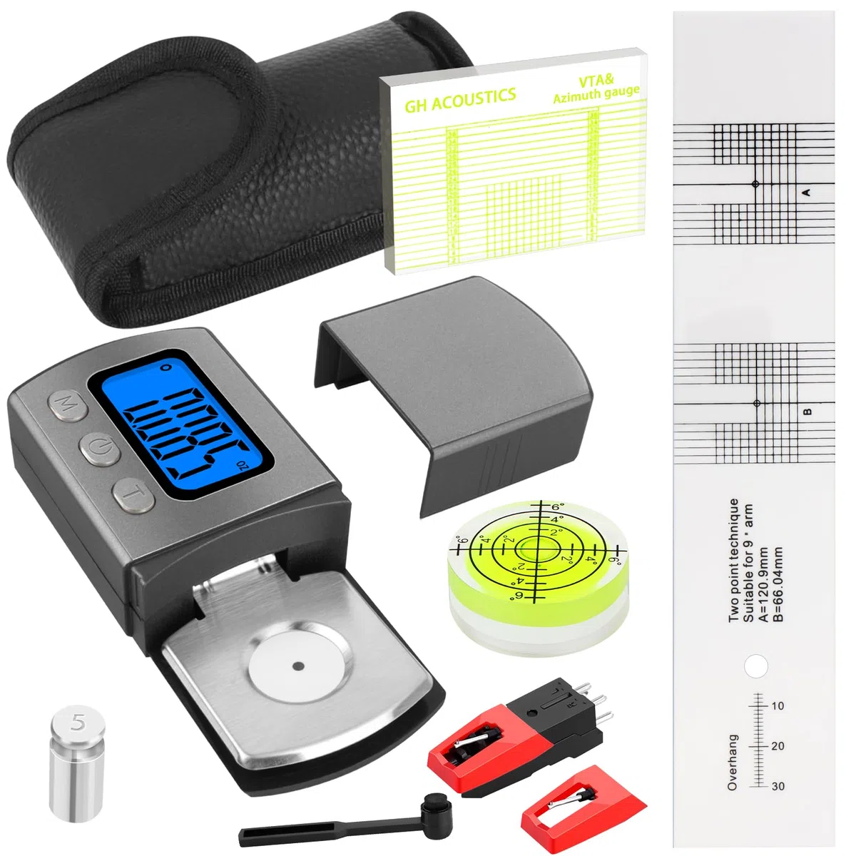 6 Stück Justier und Einstellungsset zur Plattenspieler, USB Plattenspieler Nadel Set, mit Digitaler Tonarmwaage, Azimut, Libelle und Überhangschablone, mit Plattenspieler Ersatznadel, Reinigungsbürste