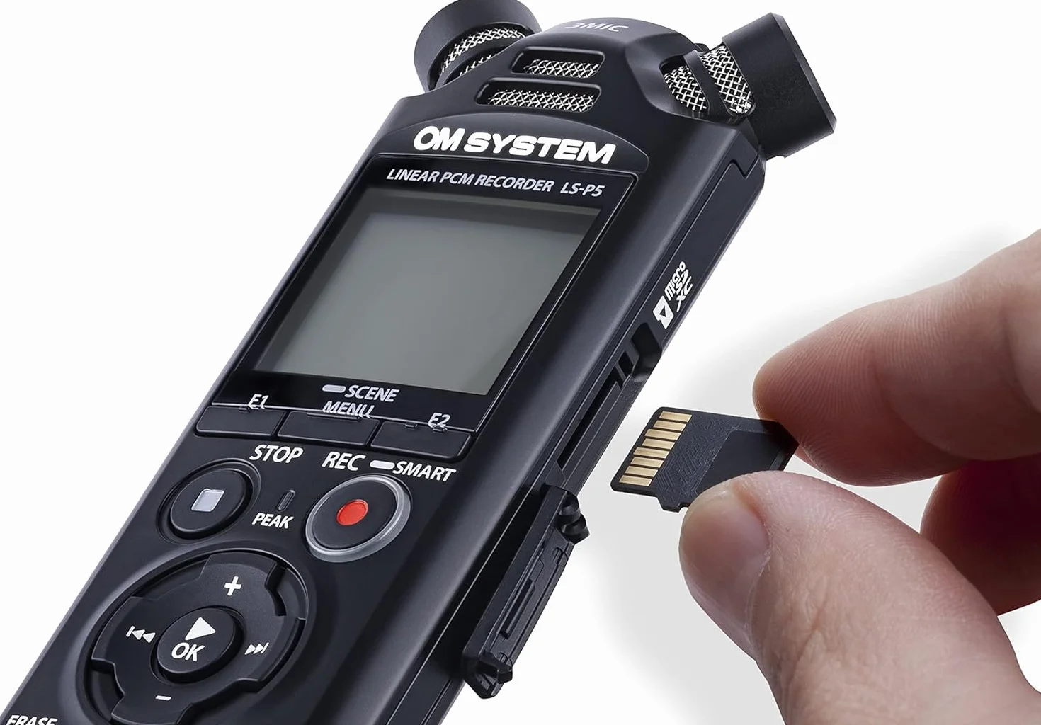 OM SYSTEM LS-P5 Hi-Res Audiorekorder mit TRESMIC II 3-Mikrofonsystem, breite Richtungssteuerung, integriertes Bluetooth für Kopfhörerüberwachung und Smartphone-Steuerung, 16 GB Speicher, 37h Laufzeit