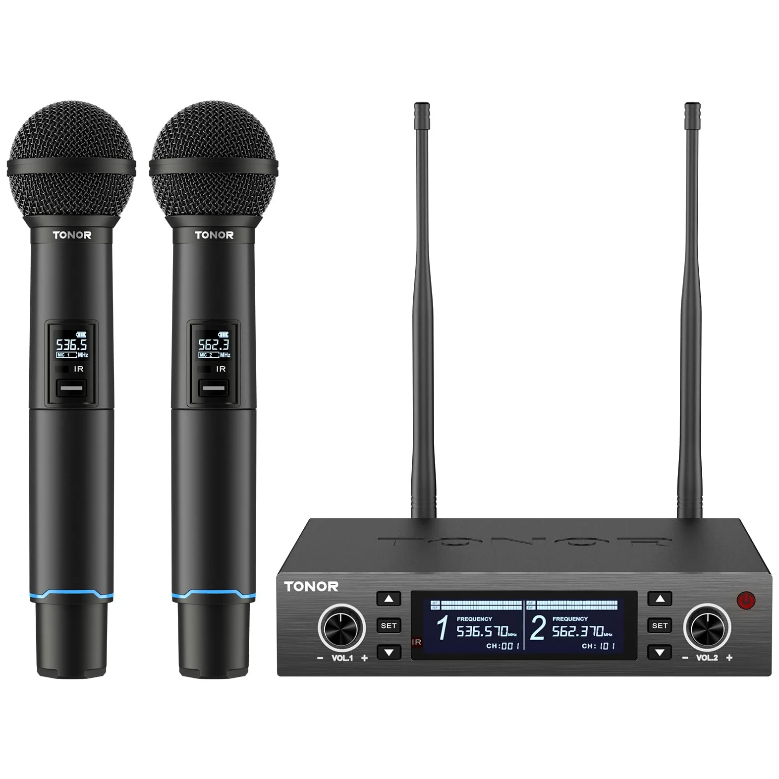 TONOR Mikrofon Kabellos Wiederaufladbares, UHF Funkmikrofon Set, 2x100 einstellbare Funk Metall Wireless Microphone mit Lichtring, Auto Scan, 100 m Reichweite für Gesang Karaoke Kirche Party, TW750