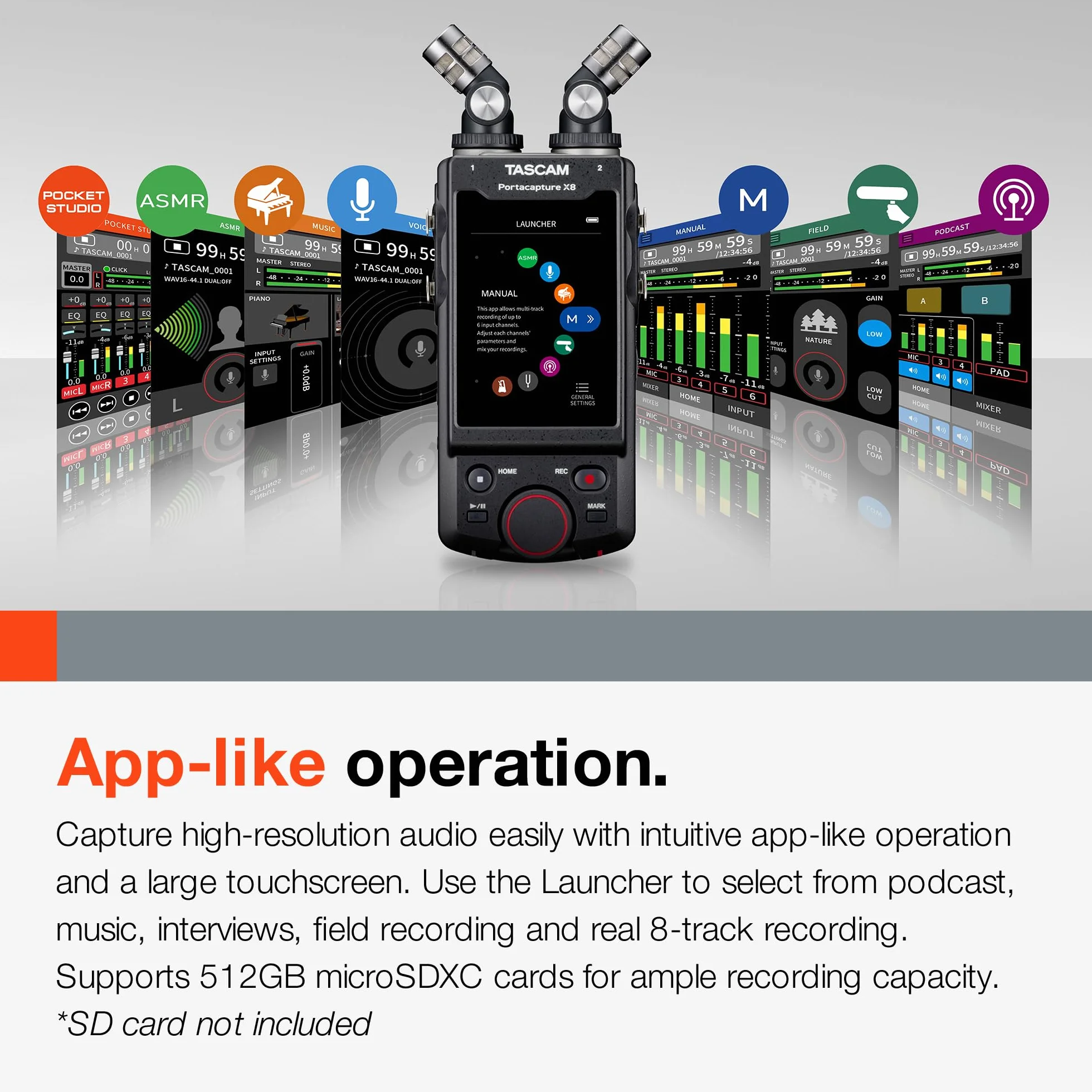 Tascam Portacapture X8 - Portabler 6+2-Spur High-Resolution 32-bit/192-kHz Rekorder, USB2.0, schwarz, portabel