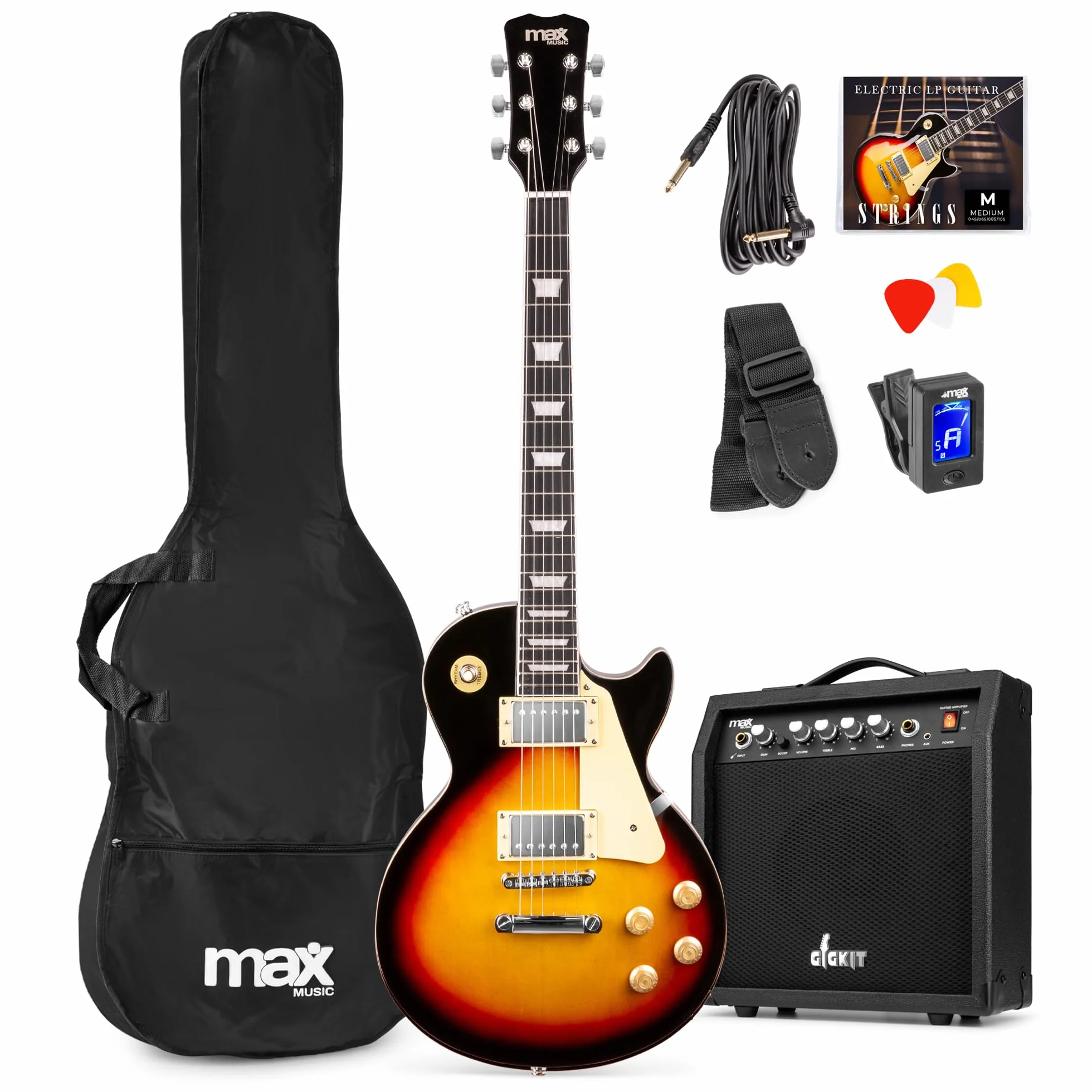 Max GigKit SC E Gitarre, E Gitarren Set mit Gitarrenverstärker, Tasche, Plektrum, Stimmgerät, Instrumentenkabel, Ersatzsaiten, Gitarrengurt, 22 Bünde - Sunburst