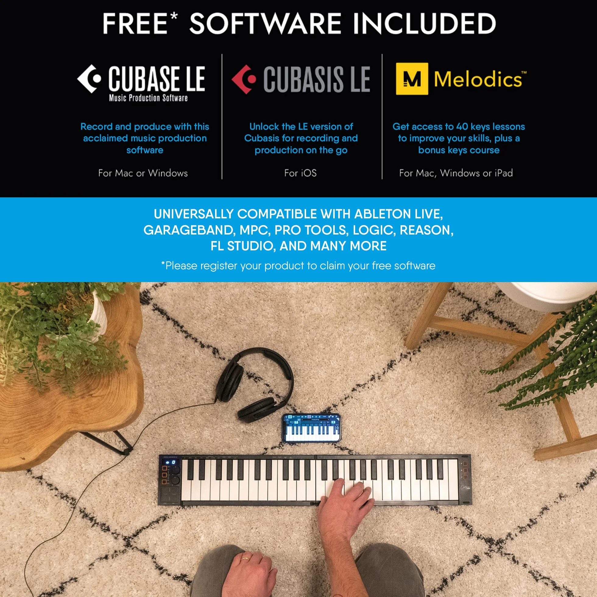 Carry-on von Blackstar FC-49 Klappbares USB Midi / Midi Over Bluetooth Controller Keyboard Eingebauter Arpeggiator, X/Y Pad,, Inklusive Cubase LE OEM & Cubase LE OEM IOS DAW Musiksoftware, grau