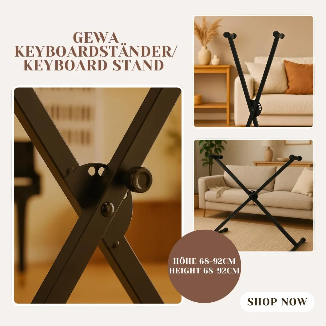 GEWA Keyboardständer - Zusammenlegbar - Stahlrohr - Höhenverstellbar 68-92 cm - Max. Belastung 18 kg - Gewicht: 2,96 kg - Farbe: Schwarz