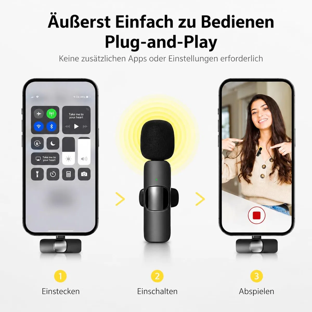 Kabelloses Lavalier Mikrofon für iPhone, Android & Handy – Mini mikrofon mit USB-C & Lightning, 10h Akkulaufzeit, 2,4 GHz Wireless Microphone für Vlog, Video, Interview & Podcast (Schwarz)