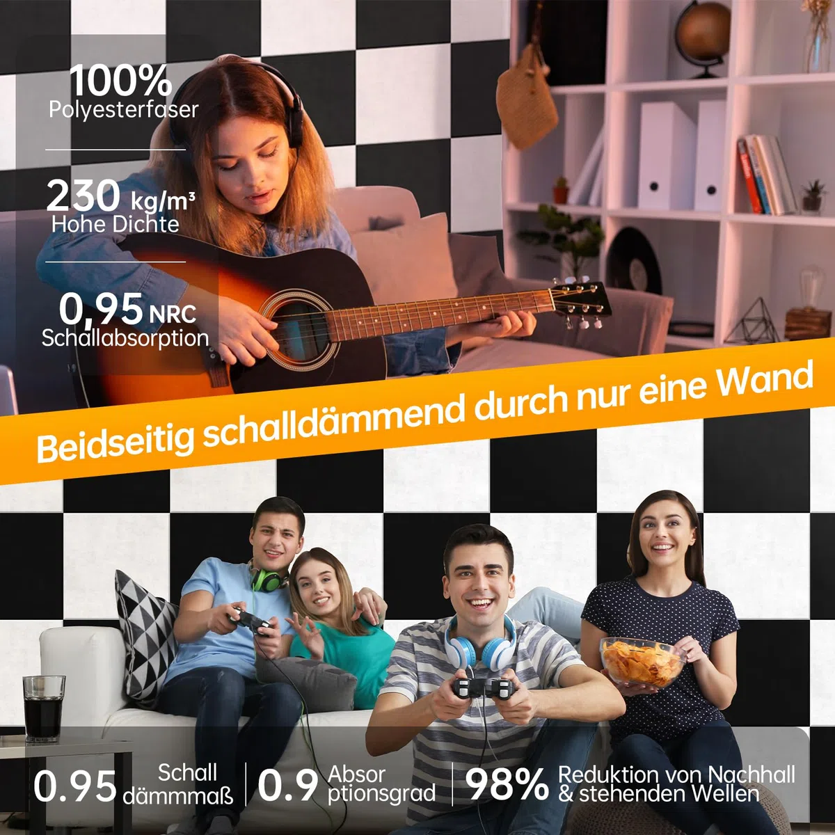 12 Stück Selbstklebend Akustikplatten,30x30x1 cm Akustik Absorber Akustikpanel Schallschutzplatten für Tonstudio,Büro,Studio,Akustische Behandlung und Wanddekoration（Weiß）