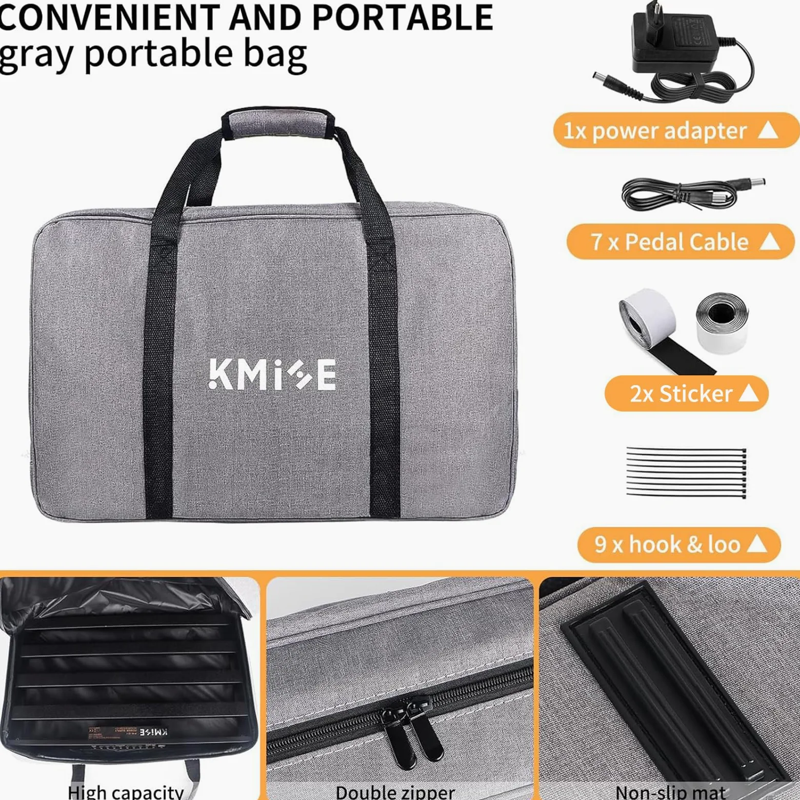 Kmise 49 x 31,5x 3,5cm Guitar Pedal Board Mittlere Größe, mit eingebautem Netzteil Gitarren-Effektpedal Aluminiumlegierung Netzteil mit Tasche, Pedalkabel,Ladegerät, Klettverschluss,Kabelbinder