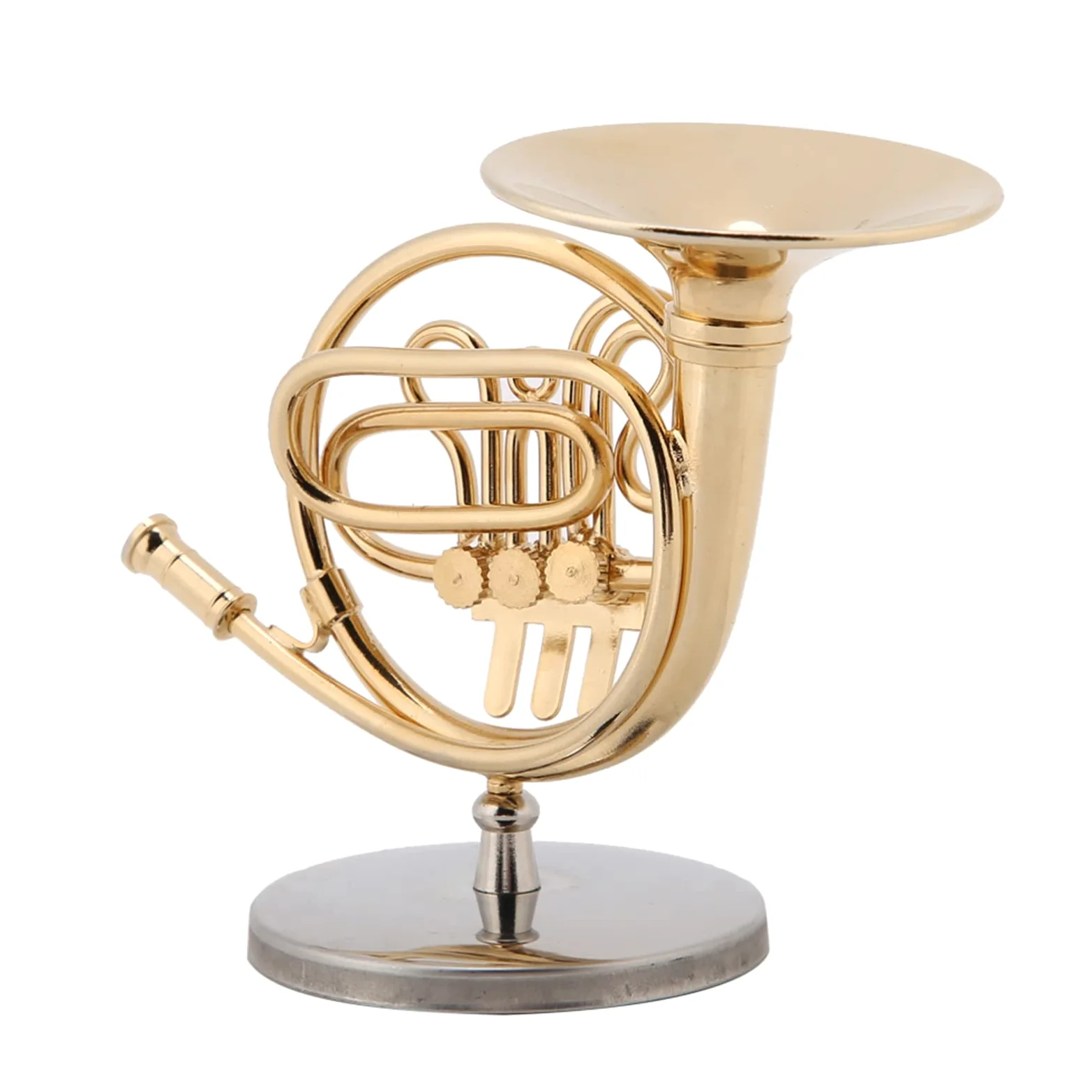 Generic Miniatur-Waldhorn-Ornament aus Goldenem Messing mit Ständer für die Dekoration von Musikzimmern, e für und Musiker