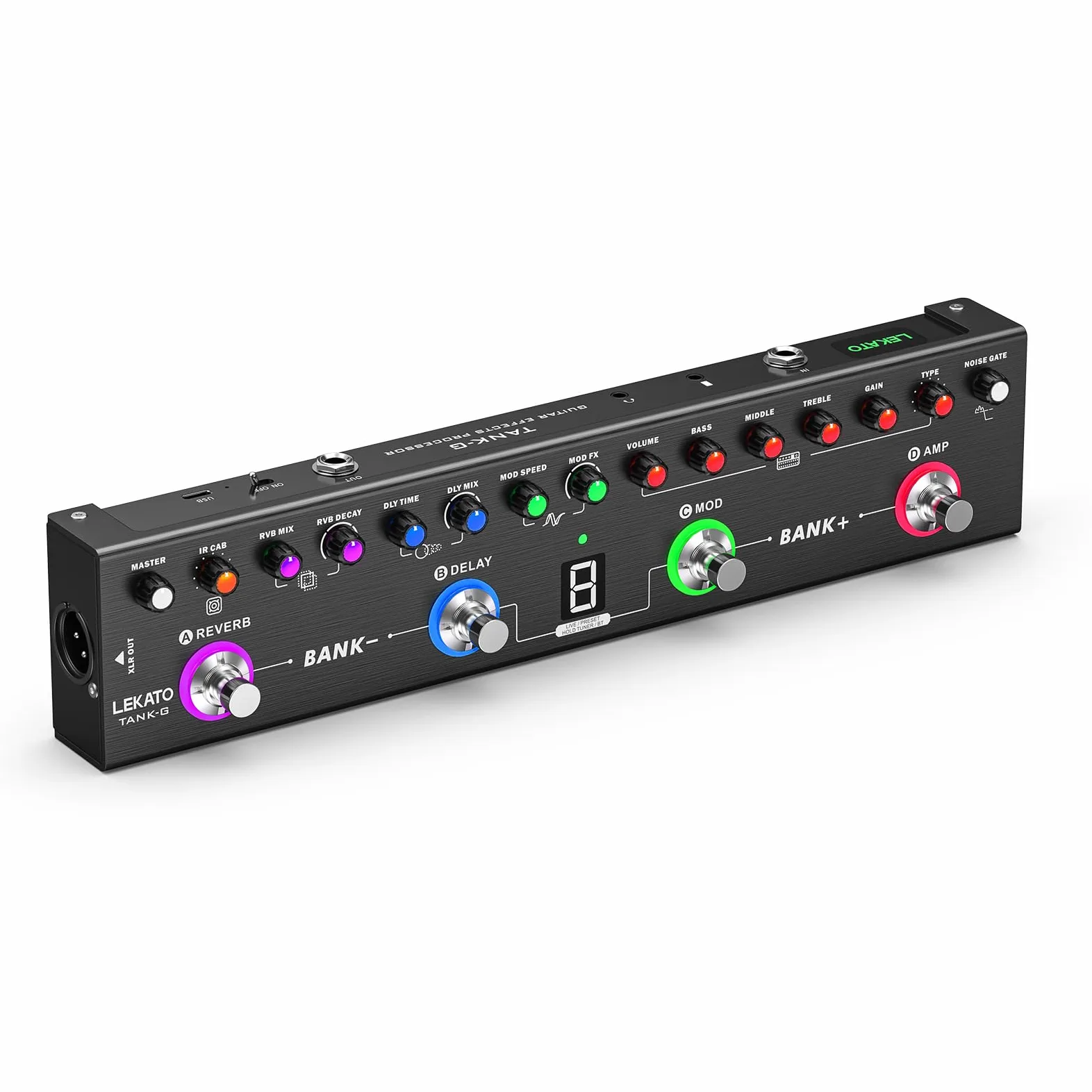 LEKATO Gitarren-Multieffektpedal, 36 Presets, 9 Verstärker, 8 IRs (IR-Laden), App-Steuerung, Bluetooth-Musikwiedergabe, USB-Aufnahme, 12-Stunden-Akku, Kopfhörerausgang, TANK-G