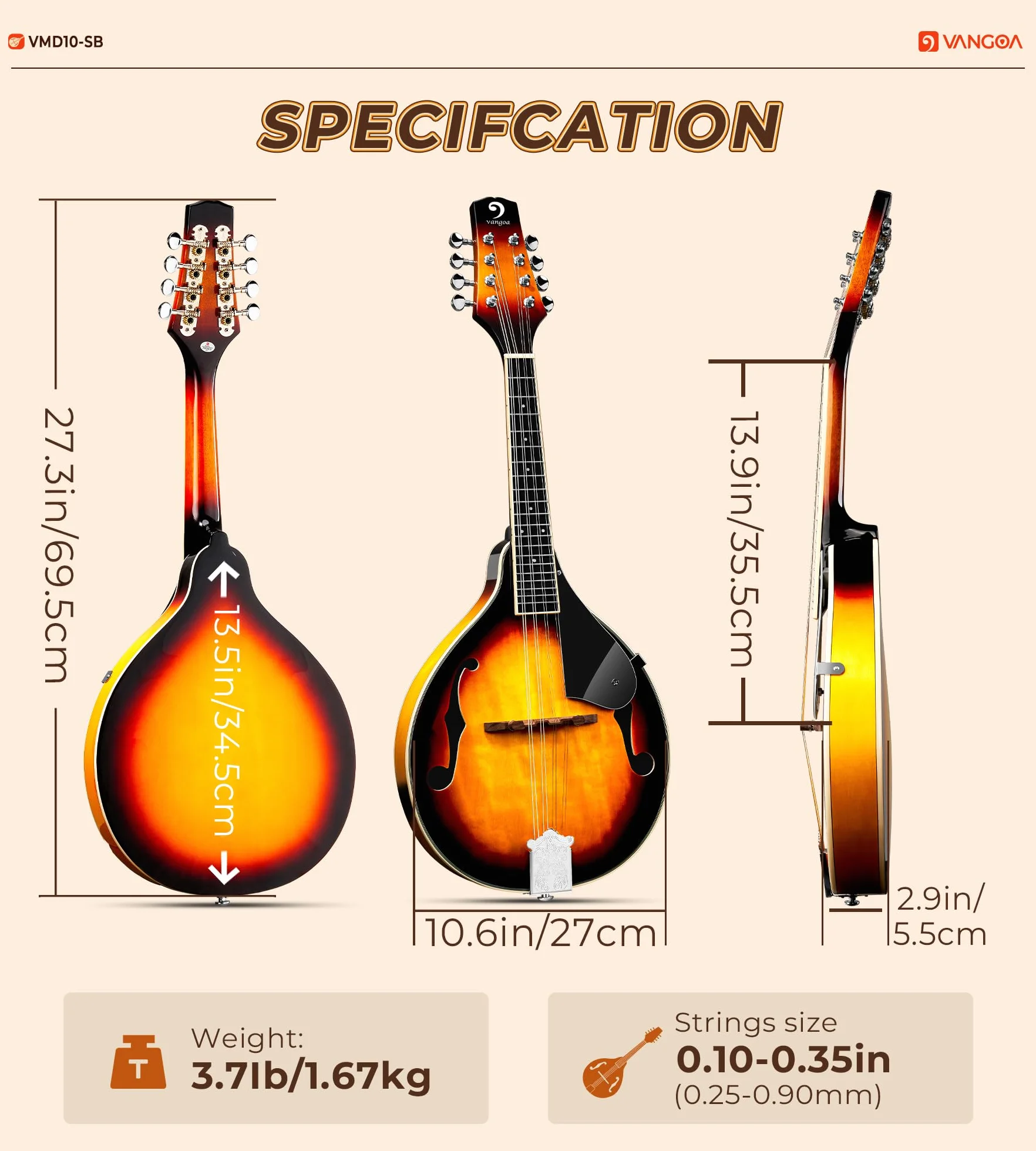 Vangoa Akustische Mandolinen Instrument 8 Saiten A-Stil Sunburst Mandoline Set für Anfänger Erwachsene Studenten Kinder mit Gigbag, Stimmgerät, Saiten, Plektren