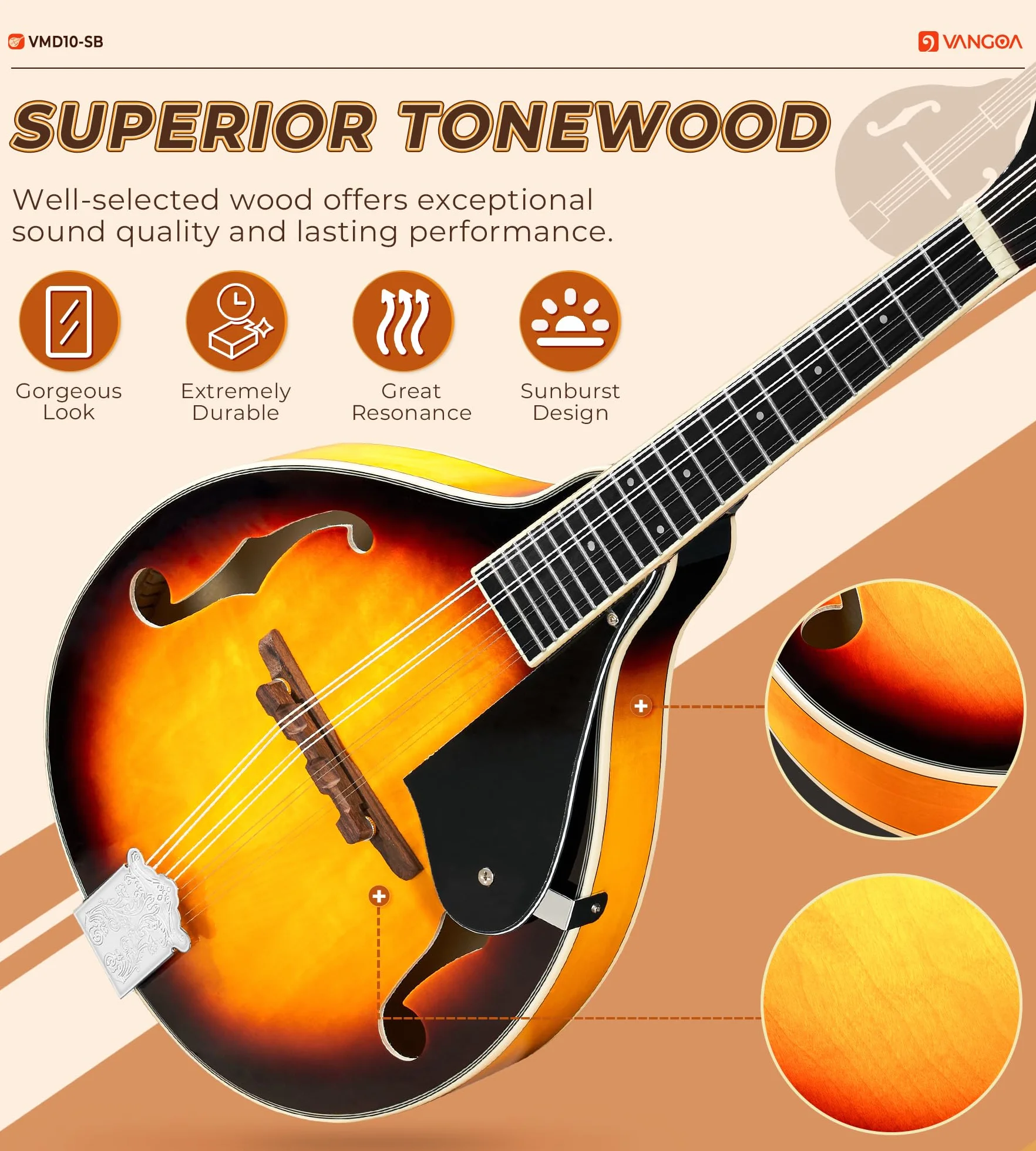 Vangoa Akustische Mandolinen Instrument 8 Saiten A-Stil Sunburst Mandoline Set für Anfänger Erwachsene Studenten Kinder mit Gigbag, Stimmgerät, Saiten, Plektren
