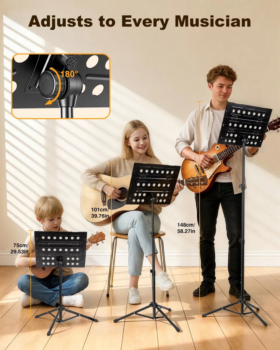 New Bee Notenständer, 2 in 1 Notenständer Klappbar Stabil mit Tragetasche & Höhenverstellbar Music Stand Kinder Erwachsene für Bandauftritte & Übungen zu Hause, Schwarz