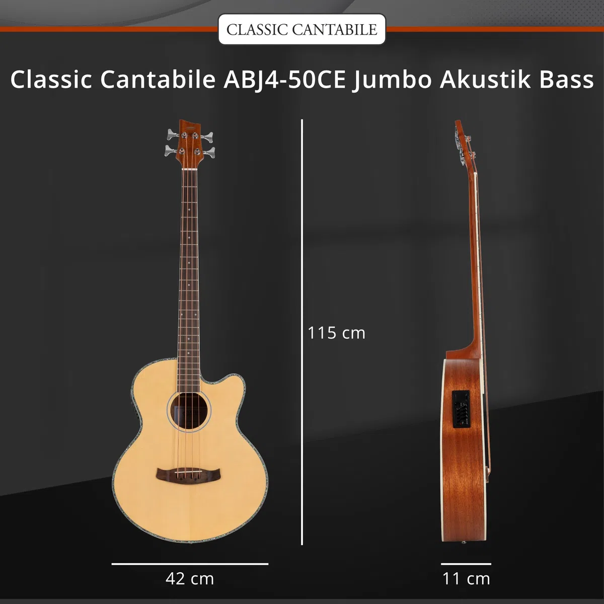 Classic Cantabile Jumbo Akustik Bass mit Tonabnehmer - 4 Saitige Bassgitarre - Jumbo mit Cutaway - Fichtendecke, Mahagoni-Korpus, Mahagoni-Hals, Palisander-Griffbrett - Farbe & Finish in Natur Matt