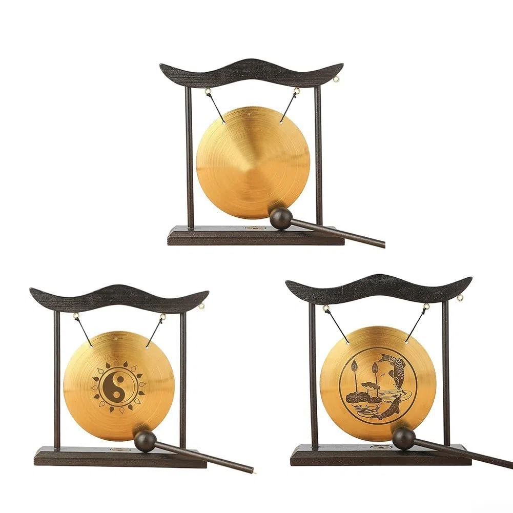 Tisch-Gong-Sets, chinesischer Desktop-Gong, Messing-Percussion, Mini-Tisch-Gongs, Feng Shui, Heimdekoration mit Holzsockelrahmen für Heimdekoration, Büro, dekoratives Ornament