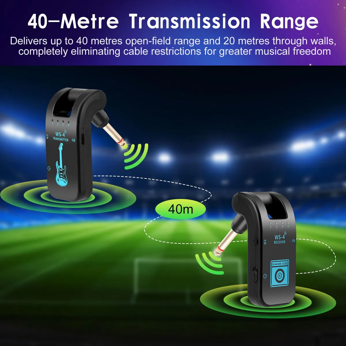 Kabelloses Gitarrensystem, 2,4GHz Kabelloses Gitarrensystem mit 8 Kanälen Wiederaufladbarer Audio Drahtlos Sender Empfänger für Gitarre Bass Elektrische Instrumente, 48K/16bit, Black