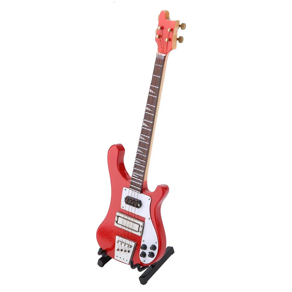 Rot E-Bass Modell Miniatur - Mini-Bass Sammlungsstück als dekorativer Musikinstrument-Ornament, für Musiker und Instrumentensammler