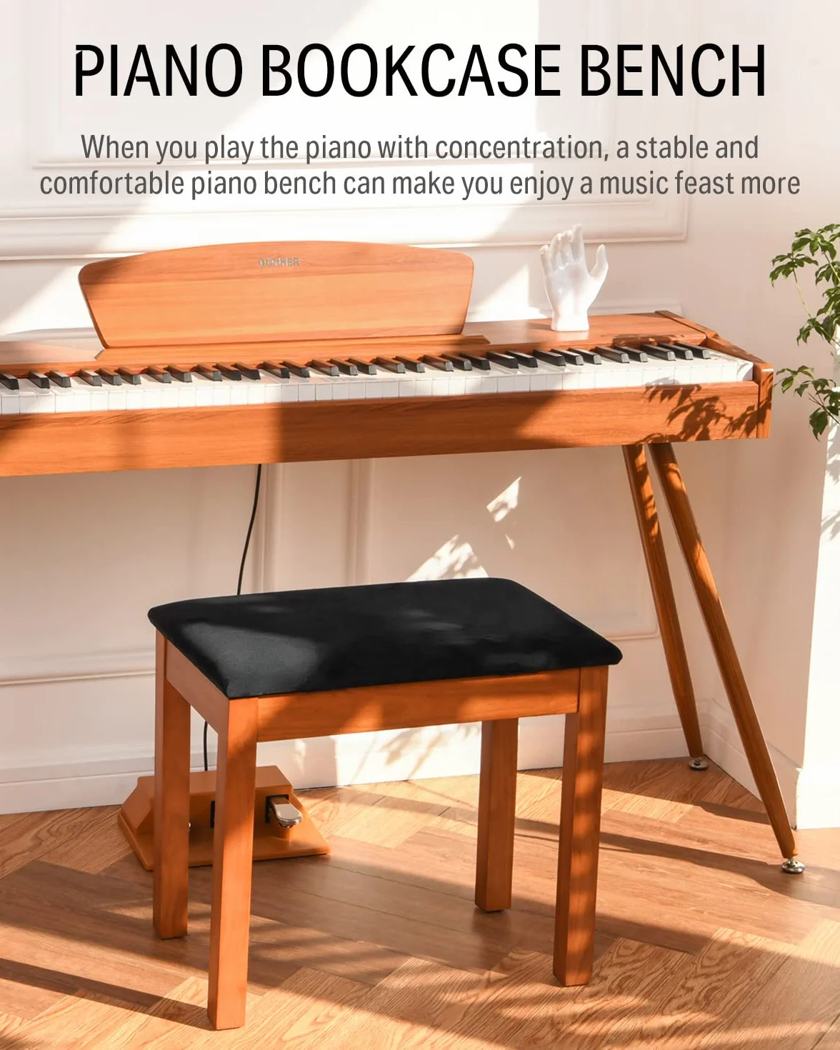 Donner Klavierbank mit Stauraum, Massivholz-Keyboardbank, Klavier-Bücherregal, Hocker, Stuhl, Sitz mit hochdichtem Wildlederkissen, Holz-Finish-Farbe