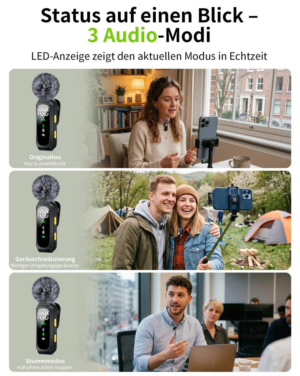 Handy-Mikrofon Mini für iPhone Android und PC - Plug & Play Mini Mikrofon mit Windschutz, Lavalier Mikrofon Wireless mit Batterieanzeige und Geräuschunterdrückung, ideal für YouTube, TikTok, Interview