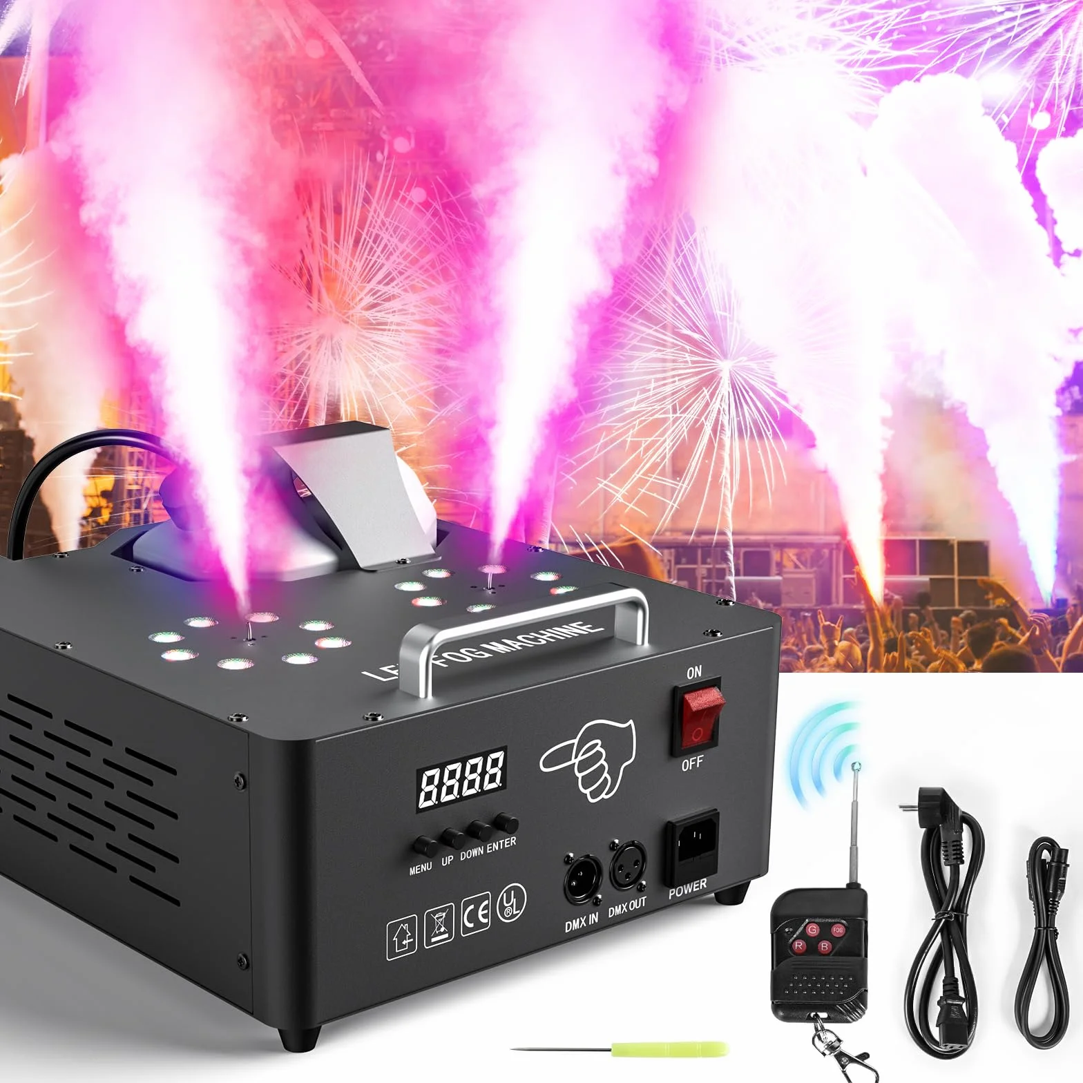 2000W Nebelmaschine mit Lichteffekt, Dual Düse Rauchmaschinen mit 8+8 RGB LEDs Bühneneffekt Fog Machine mit Fernbedienung für DJ Disco Party Halloween Deko Outdoor Hochzeiten Weihnachten