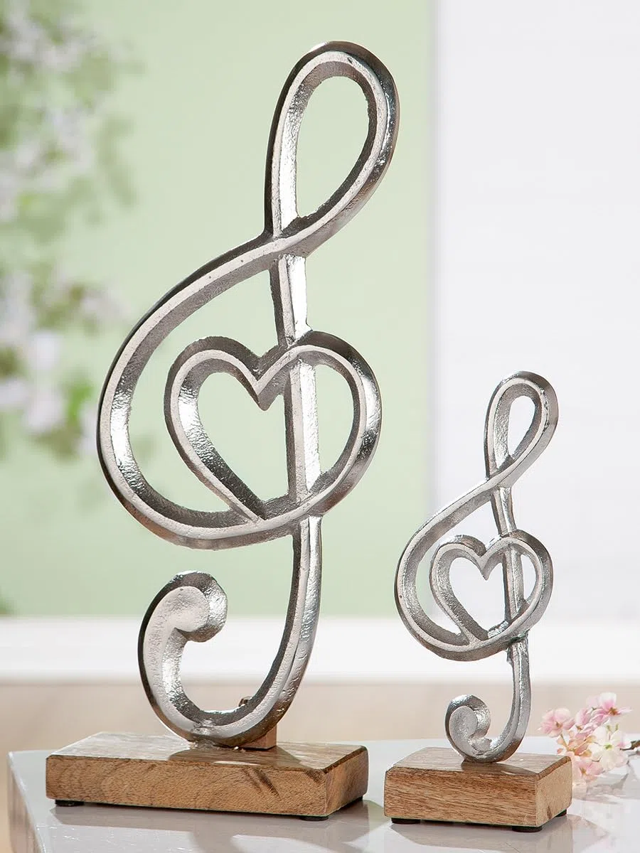 GILDE Standrelief Notenschlüssel aus Aluminium und Mangoholz, 39 cm hoch, silberfarben