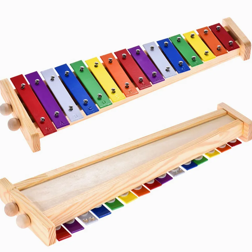 Buntes Xylophon 15 Töne Regenbogentaste Xylophon mit 2 Schlägeln Windspiel Holz und Aluminium Percussion Instrument Ideal als Geschenk für pädagogische Instrumente