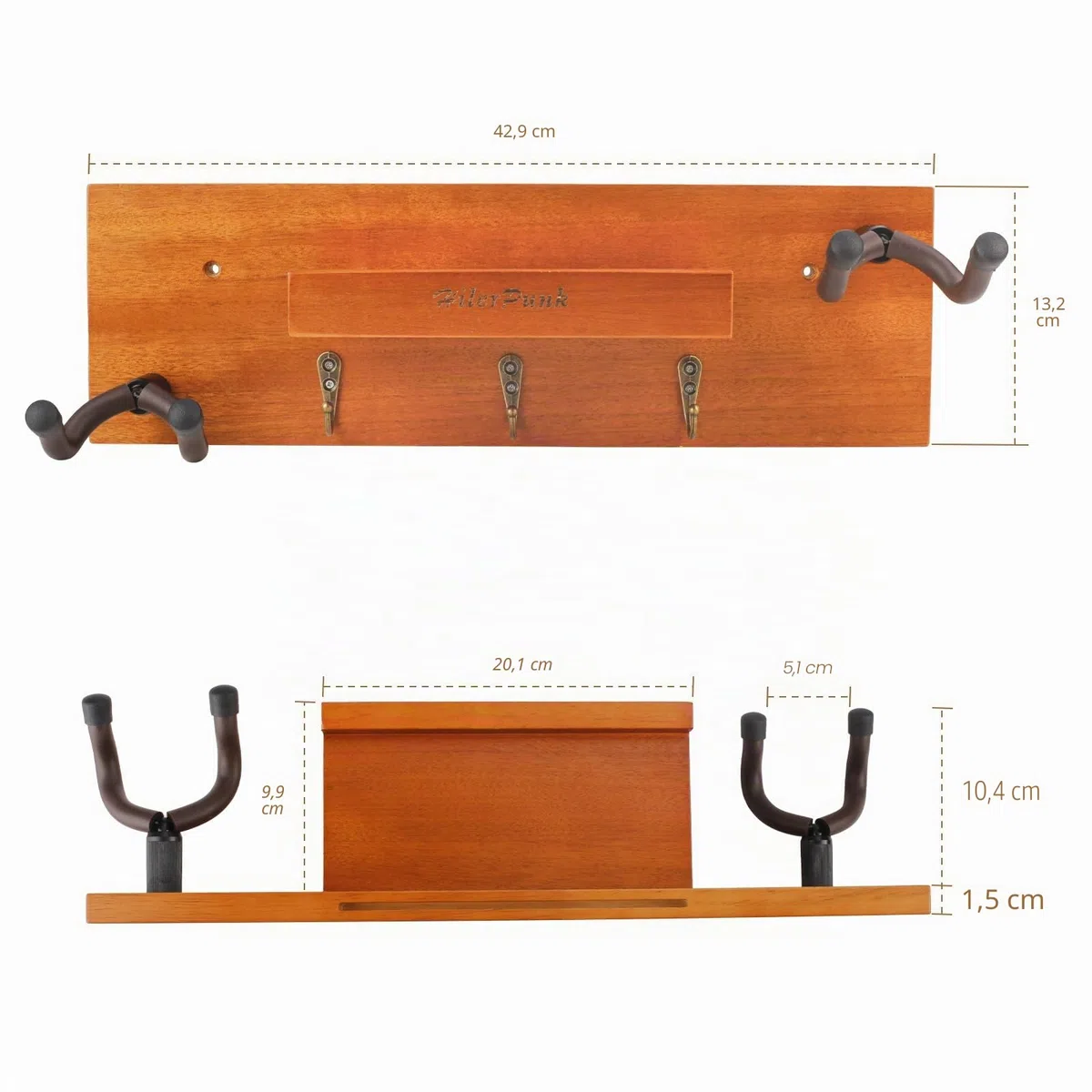 Gitarrenwandhalterung,Massivholz, Gitarrenwandaufhänger mit 3 Aufbewahrungshaken und 2 drehbaren Gummi Gitarrenaufhängern,Gitarrenständer mit Ablage und Plektrum Halter