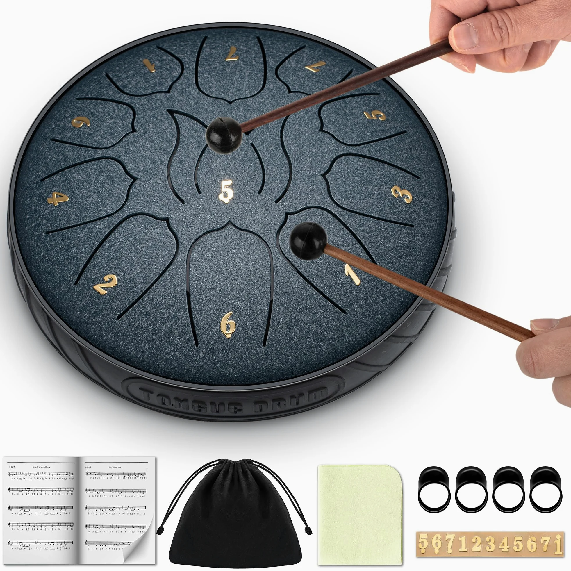 CAHAYA Steel Tongue Drum 6 Zoll 11 Töne: Zungentrommel Schlagzeug Anfänger, Handpan mit Notenbuch, Trommelstöcken, Steel Pan Töne Drum Schlaginstrument für Meditation Yoga, Dunkelblau CY00373-1