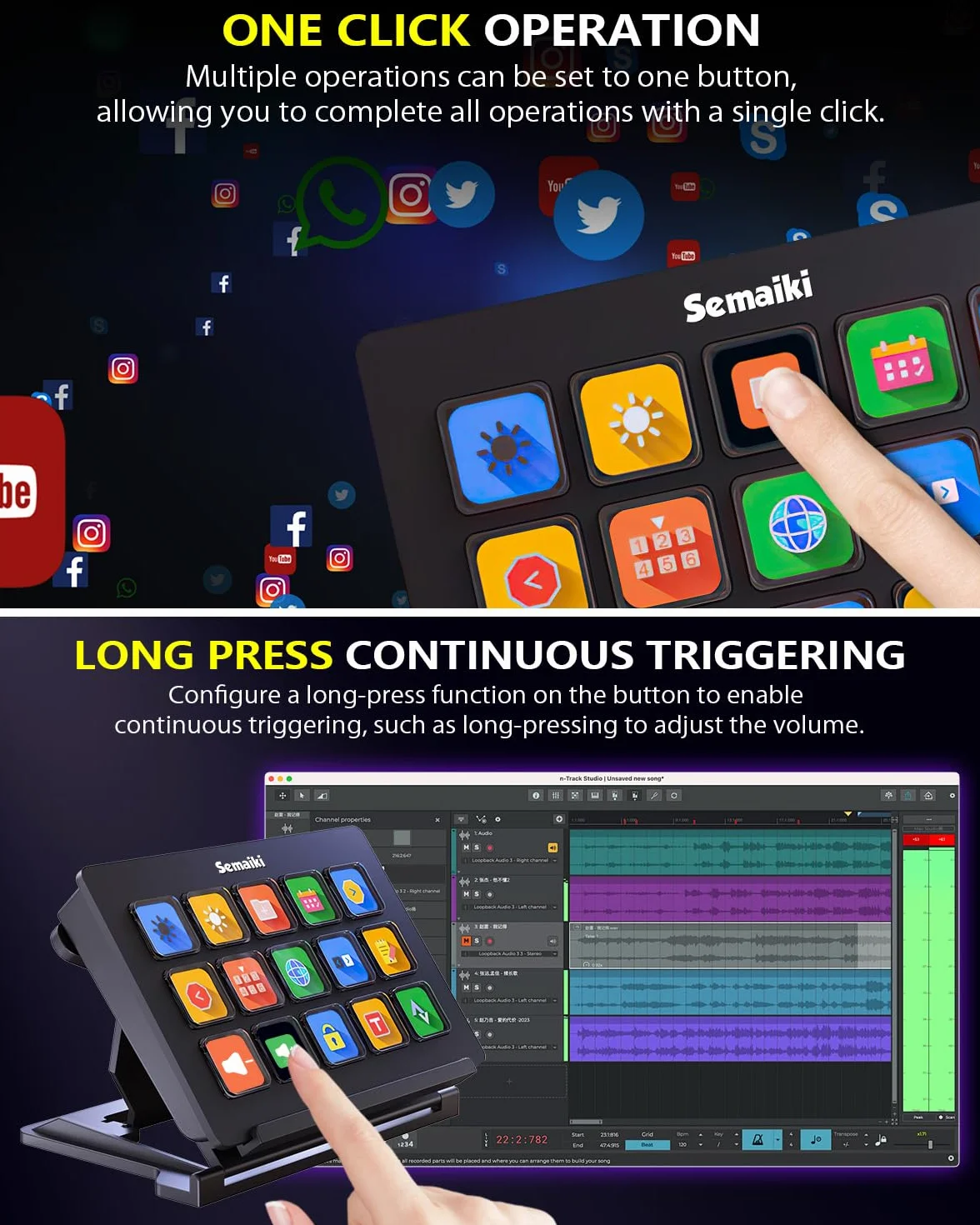 Semaiki Stream Controller Makrotastatur mit 15 anpassbaren LCD-Makrotasten, löst Aktionen in Apps und Software wie OBS, Twitch, Streamlabs, Discord, Mac & Windows aus