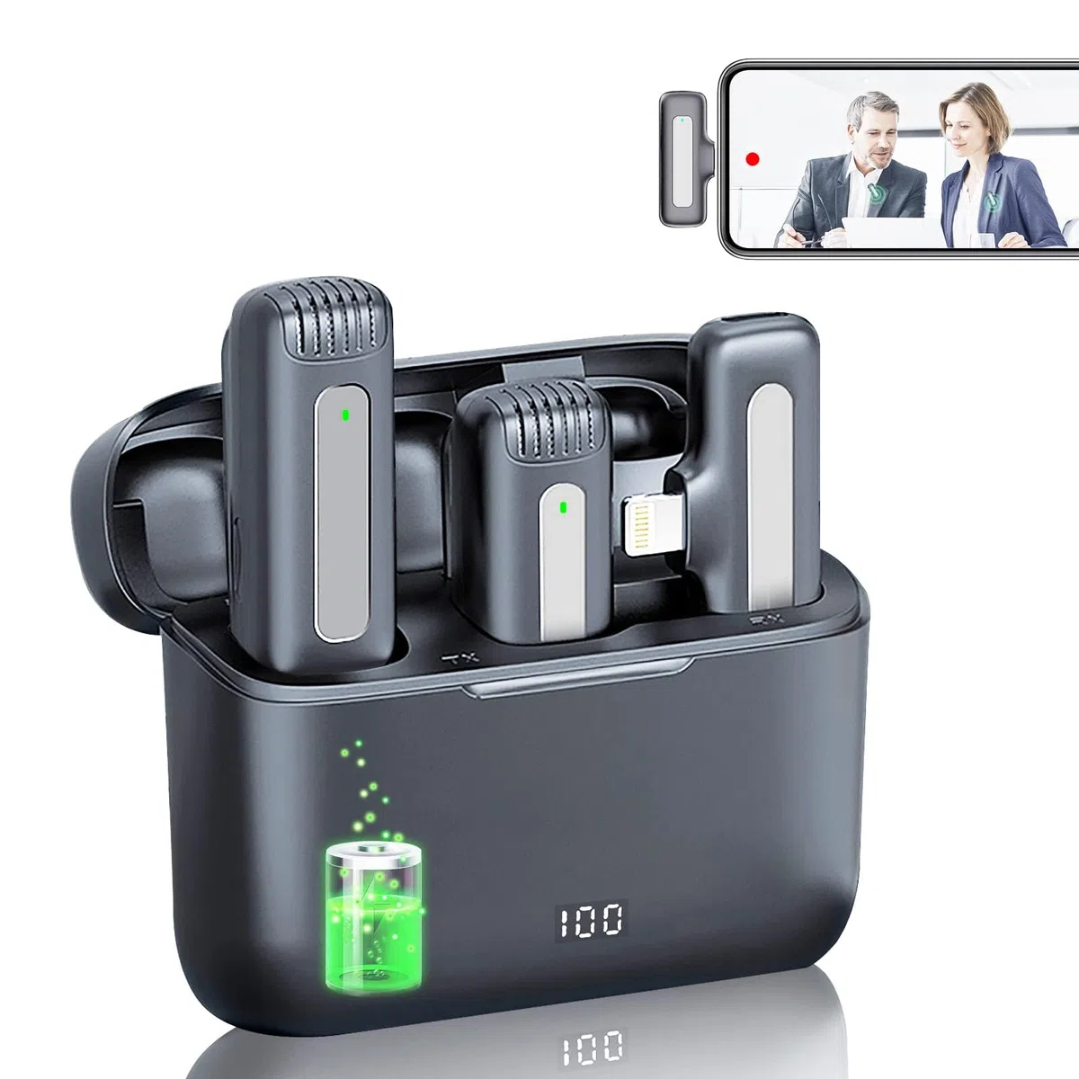 Wireless Lavalier Mikrofon mit Ladebox Ladecase, 2er Mikrofon Wireless für iPhone/iPad,Plug & Play, Rauschunterdrückung, Microphone Ansteckmikrofon für YouTube, Interview,Videoaufzeichnung