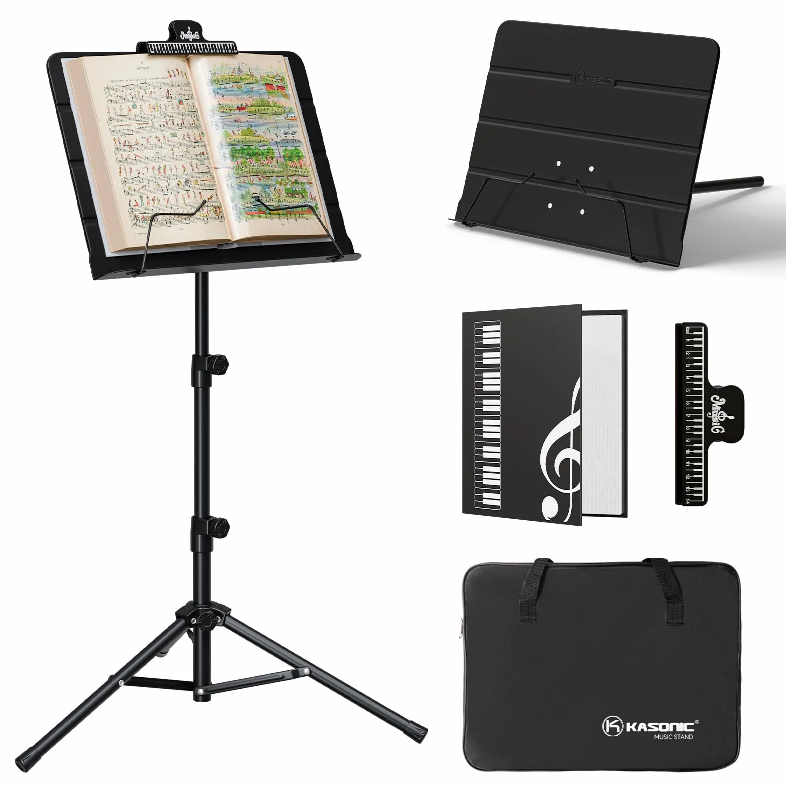 K Kasonic Faltbarer Notenständer, 2-in-1 Zusammenklappbarer Notenständer mit Notenblattmappe, Tragbarer Notenständer-Set für Aufführungen, Notenständer-Tripod für Musikalische Bedürfnisse, Schwarz