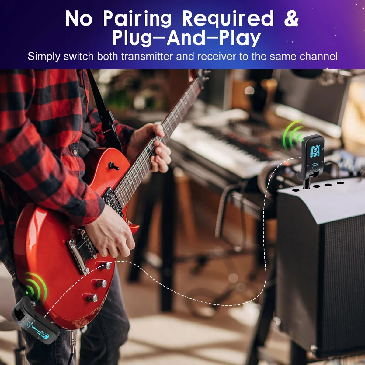 Kabelloses Gitarrensystem, 2,4GHz Kabelloses Gitarrensystem mit 8 Kanälen Wiederaufladbarer Audio Drahtlos Sender Empfänger für Gitarre Bass Elektrische Instrumente, 48K/16bit, Black
