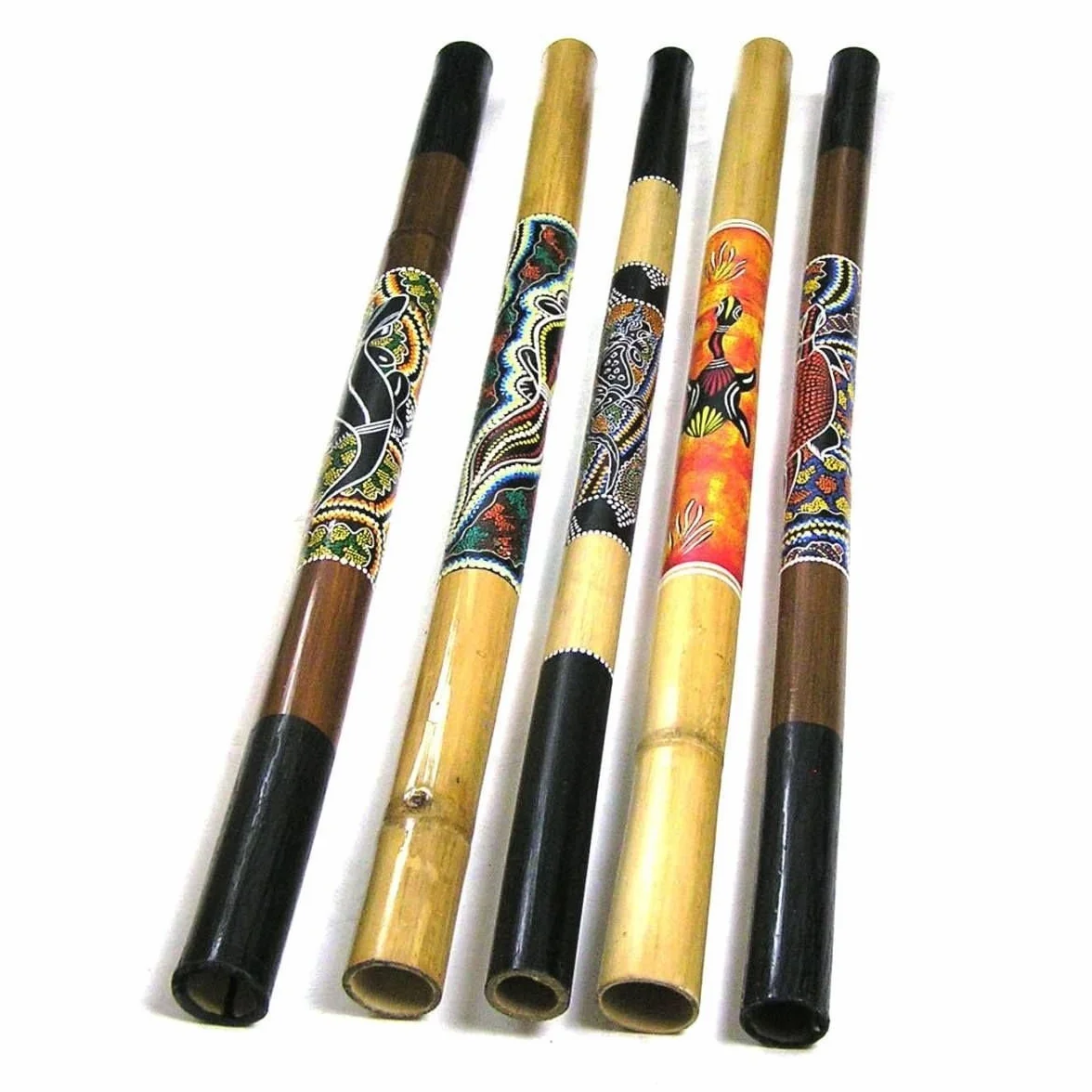 Didgeridoo Bambus Holz Aborigini bemalt geschnitzt Instrument fair Gecko Schildkröte Dot Painting (geschnitzt schwarz)