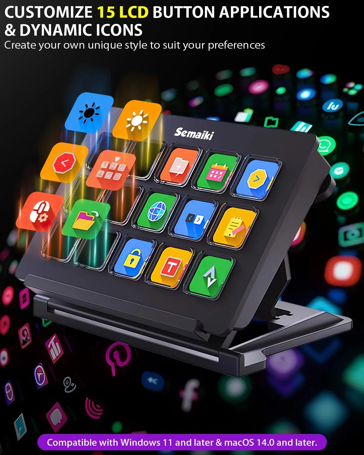 Semaiki Stream Controller Makrotastatur mit 15 anpassbaren LCD-Makrotasten, löst Aktionen in Apps und Software wie OBS, Twitch, Streamlabs, Discord, Mac & Windows aus