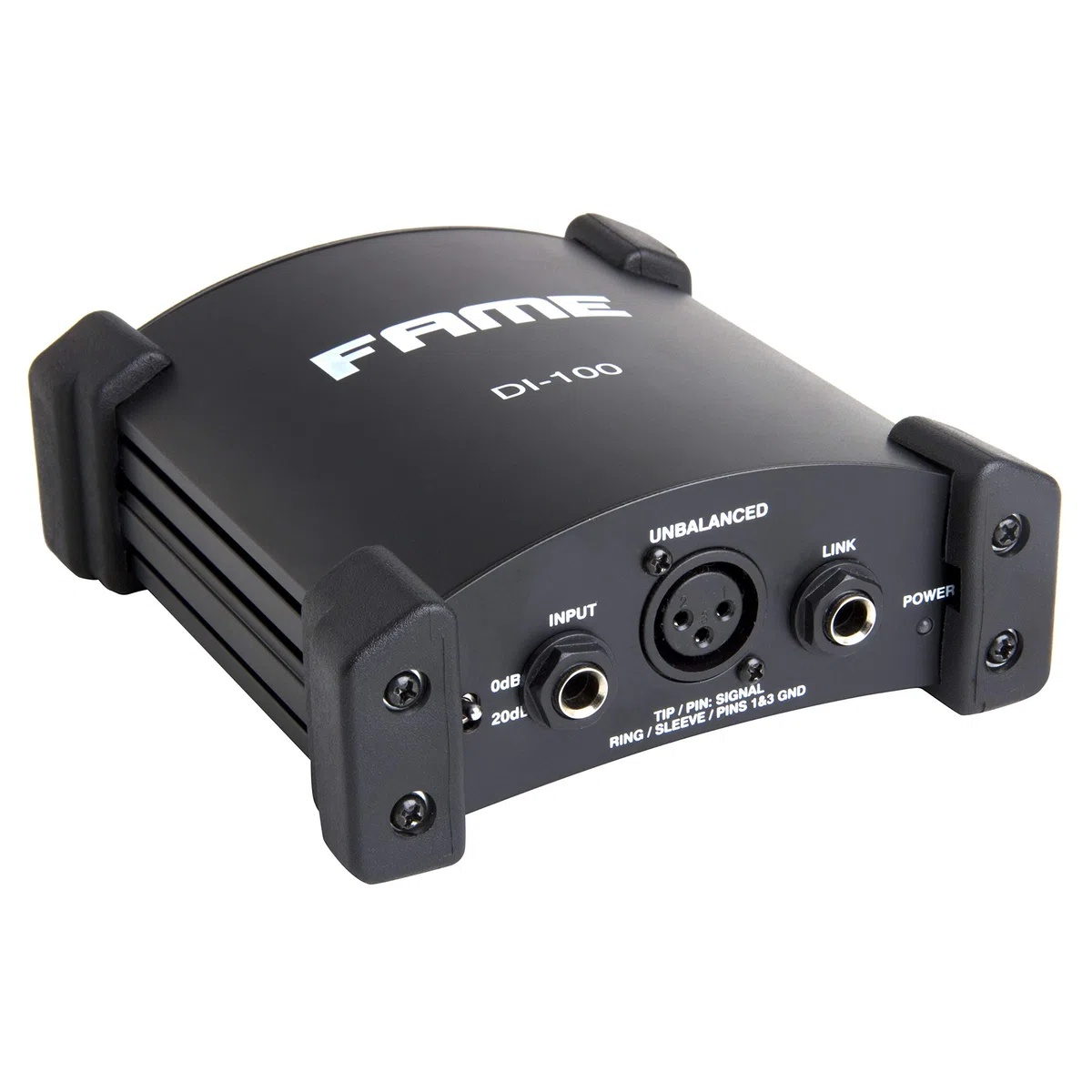 Fame Audio DI-100 Aktive DI-Box, Hochwertige Signalverarbeitung, 6,3 mm Klinken, XLR Input, Link Output, Eingangspegeldämpfung, Symmetrischer XLR Output, Ground-/Liftschaltung, Batterie- oder