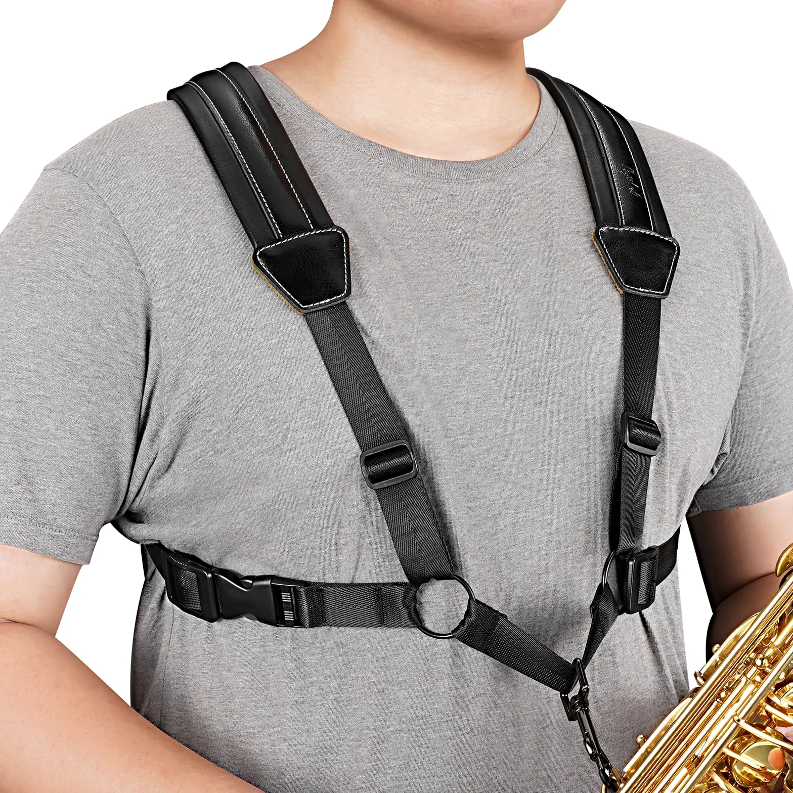 POGOLAB Saxophongurt, Harness Saxophongurt aus Leder, Saxofonhalter Saxophone Strap mit Metallhaken, Doppelter Schultergürtel aus Leder verstellbare für Saxophon, Alt, Bariton, Tenor, Blasinstrument