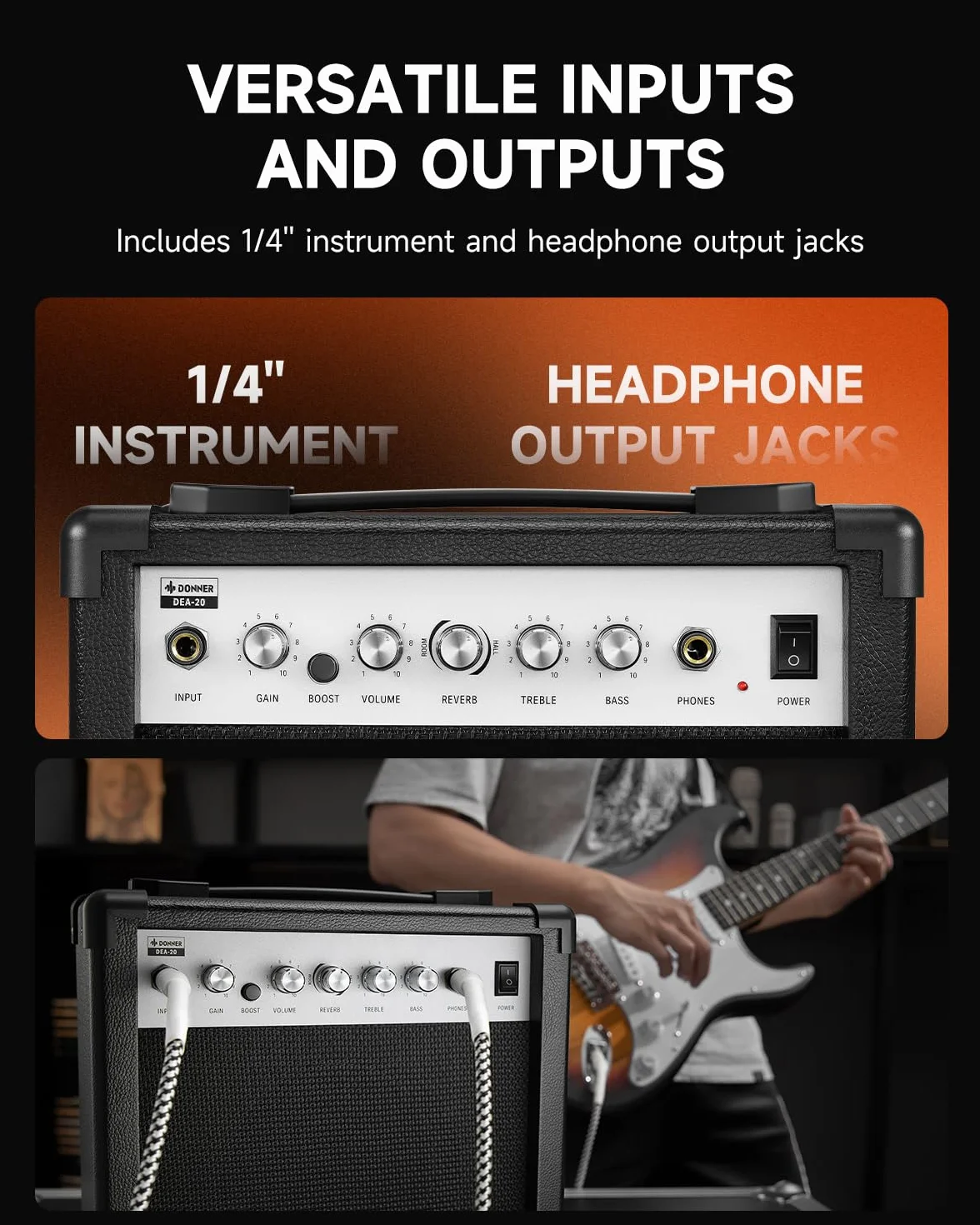 Donner E-Gitarrenverstärker 20W, DEA-20 Gitarrenverstärker mit Reverb-Effekten, Übungsverstärker mit praktischem Clean-&-Overdrive-Schalter für unterwegs