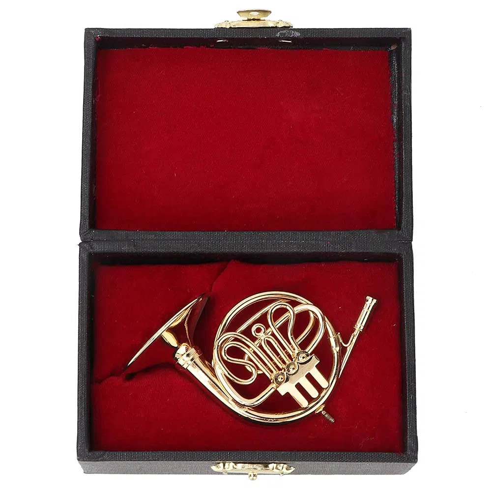 Haofy Verwandte Goldene Mini French Horn Replica Dekorationen mit Grundlegender Unterstützung für Einen Schreibtisch aus Glänzenden und Glänzenden Regalen für Musiker und