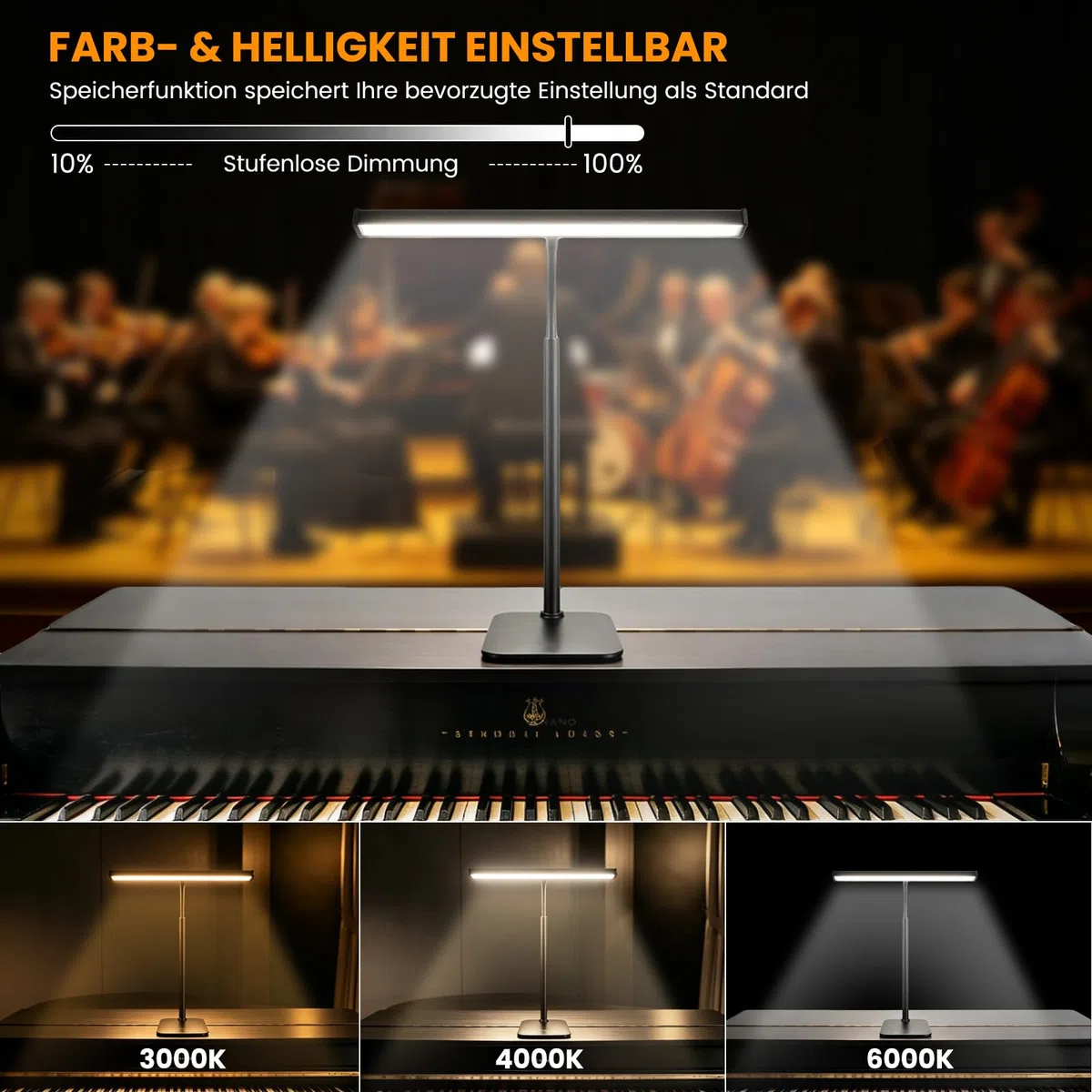 LED Klavierlampe, 3 Farbmodi, 10 Helligkeitsstufen dimmbar, USB betrieben, 360 Grad flexibler Schlauch, stabiler Metallsockel, geeignet für Klavier, Flügel, E-Piano und Schreibtisch