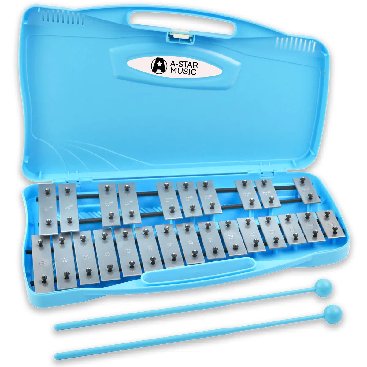 A-Star 25-Noten-Sopran-Chromatisches Glockenspiel-Xylophon im blauen Gehäuse mit silbernen Tasten und zwei Kunststoffschlägeln – 2 Oktaven G5 bis G7