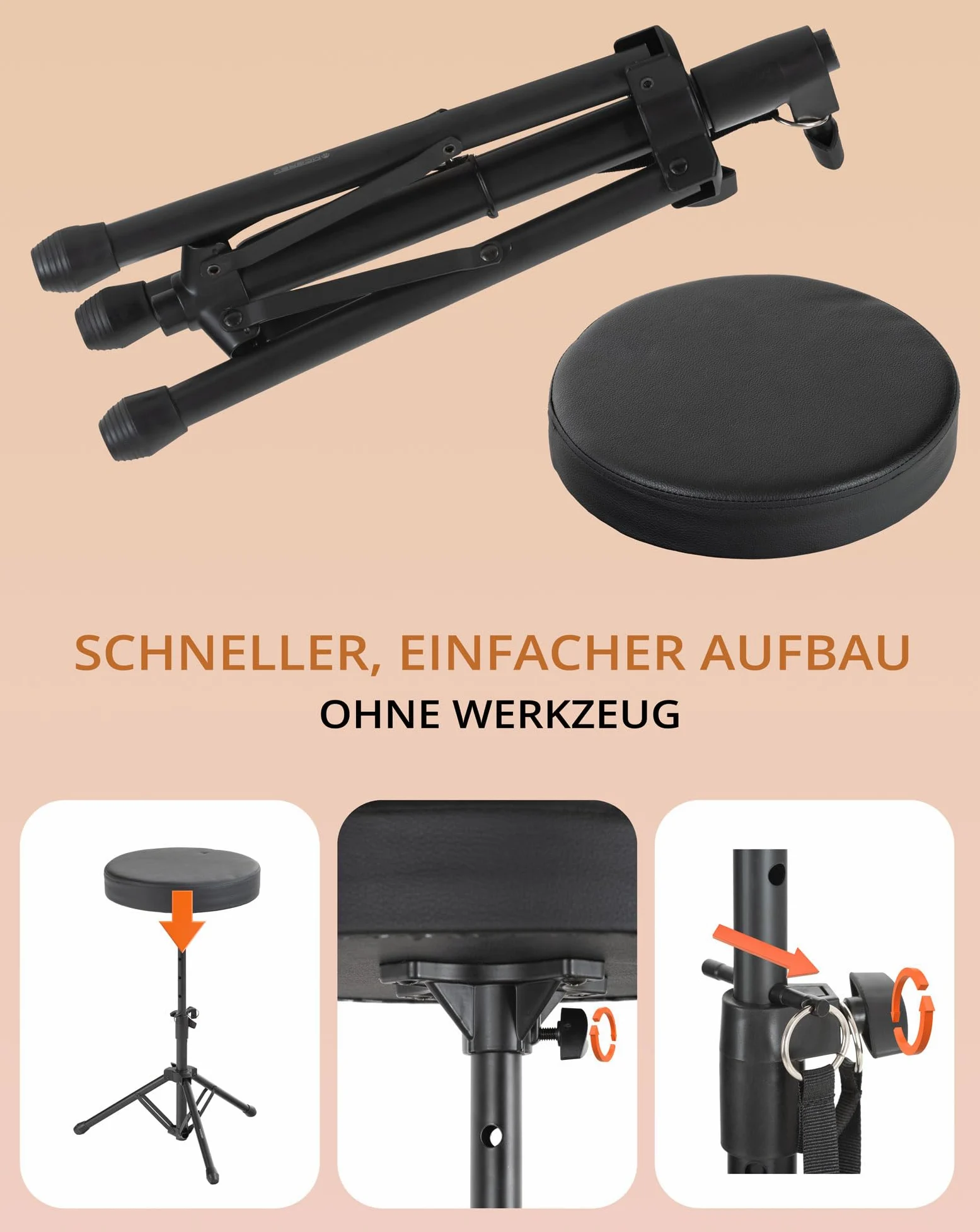 McGrey KD-10 Hocker - Klappbarer Leichter Schlagzeughocker - Höhenverstellbarer Drumhocker mit kompakten Transportmaß - Runde, gepolsterte Sitzfläche - Stabile Stahlrohr-Konstruktion - Schwarz