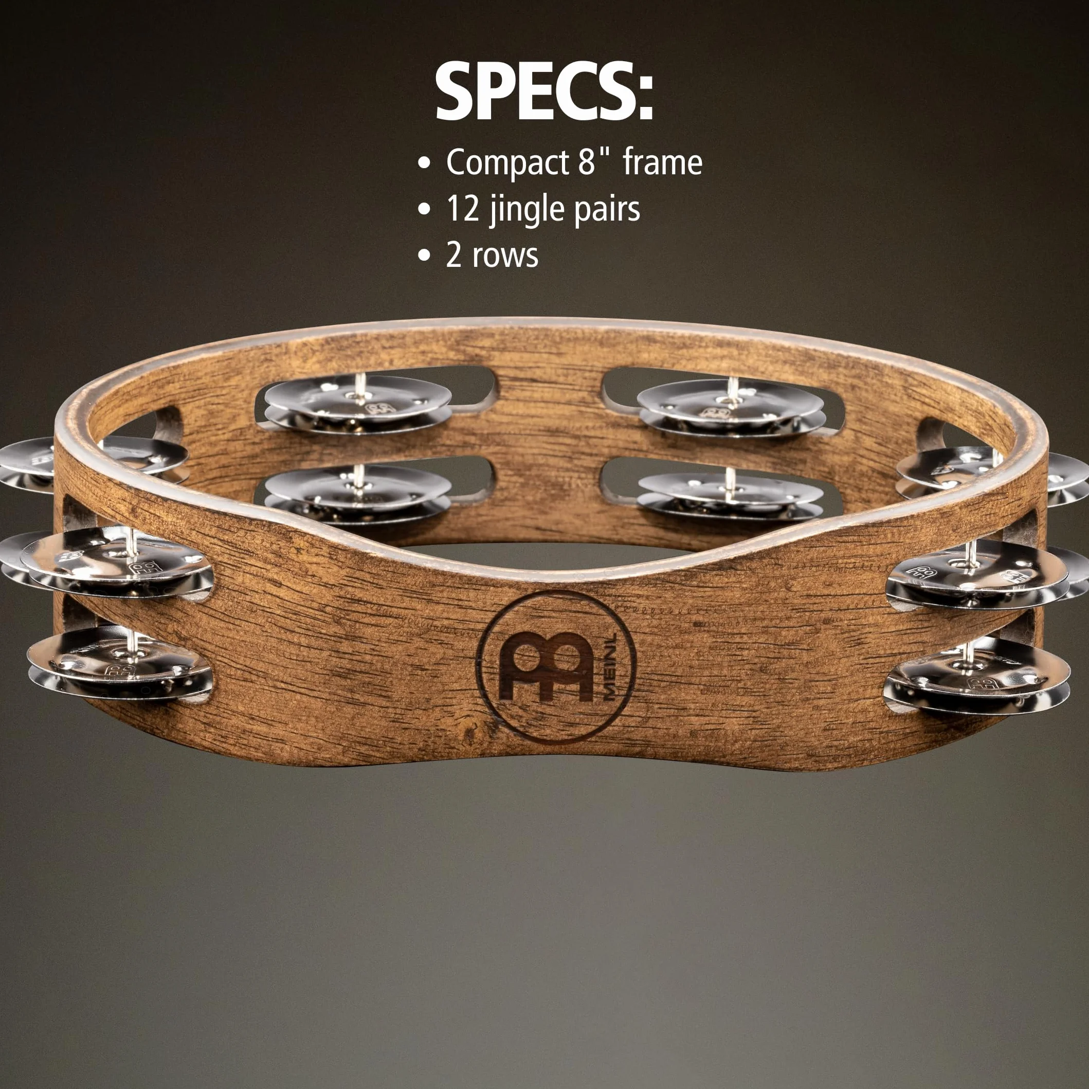 Meinl Percussion Compact Wood Tambourine - 2-reihiges Tamburin - Durchmesser 8 Zoll - Siam Eiche / Stahl, Walnut Brown/ Natur (CTA2WB)