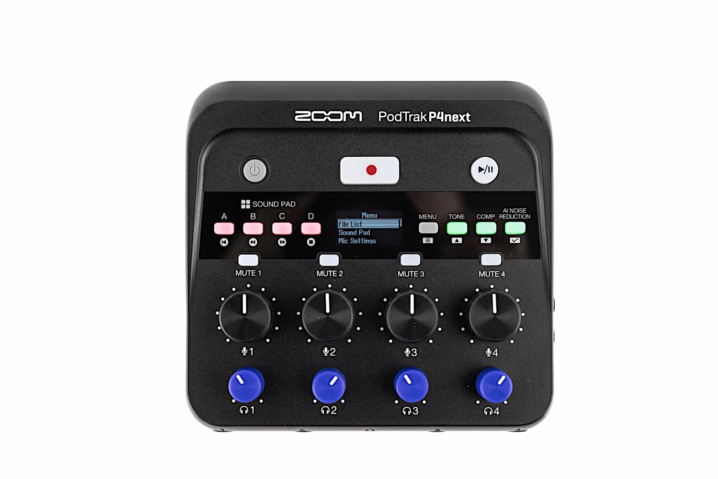ZOOM PodTrak P4next Podcast-Recorder, 4 XLR Mikrofoneingänge, 4 Kopfhörerausgänge, KI-Rauschunterdrückung, Ton- und Comp-Effekte, Telefoneingang, Sound-Pads, Aufnahme auf SD, Batterie o. USB-Netzteil